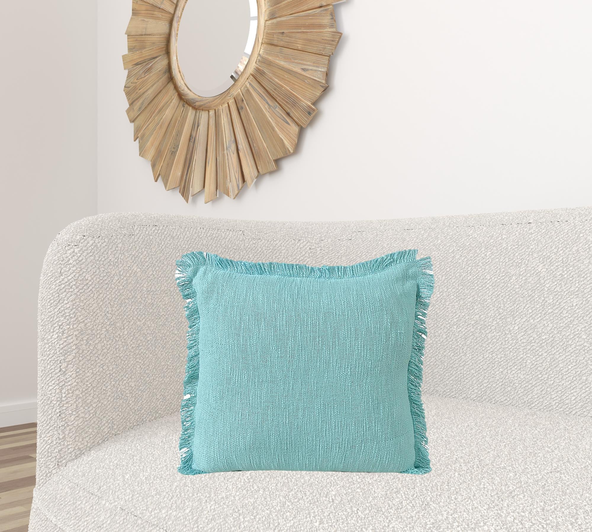 20" X 20" Aqua 100% Cotton Zippered Pillow With Fringe