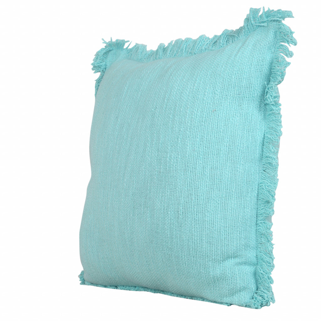 20" X 20" Aqua 100% Cotton Zippered Pillow With Fringe