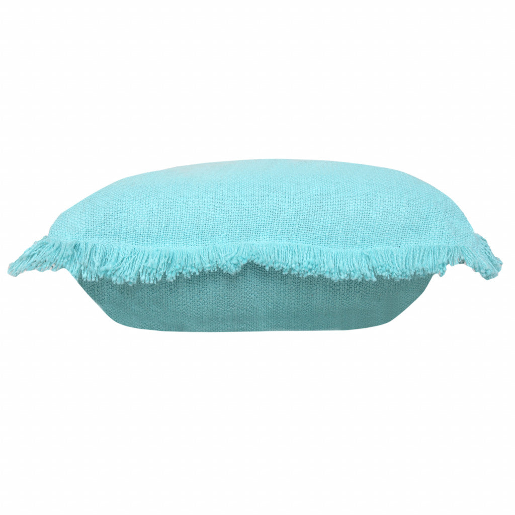 20" X 20" Aqua 100% Cotton Zippered Pillow With Fringe