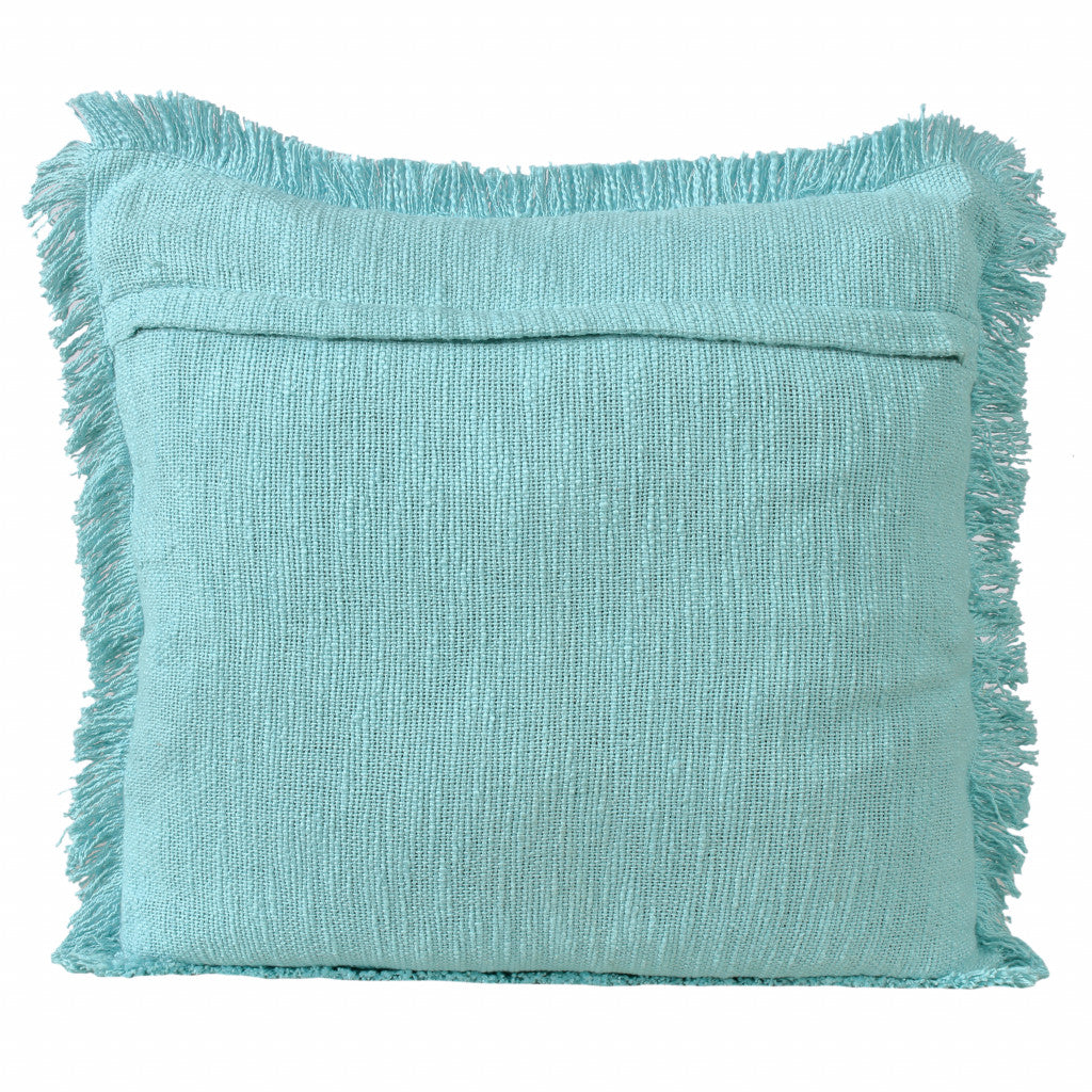 20" X 20" Aqua 100% Cotton Zippered Pillow With Fringe