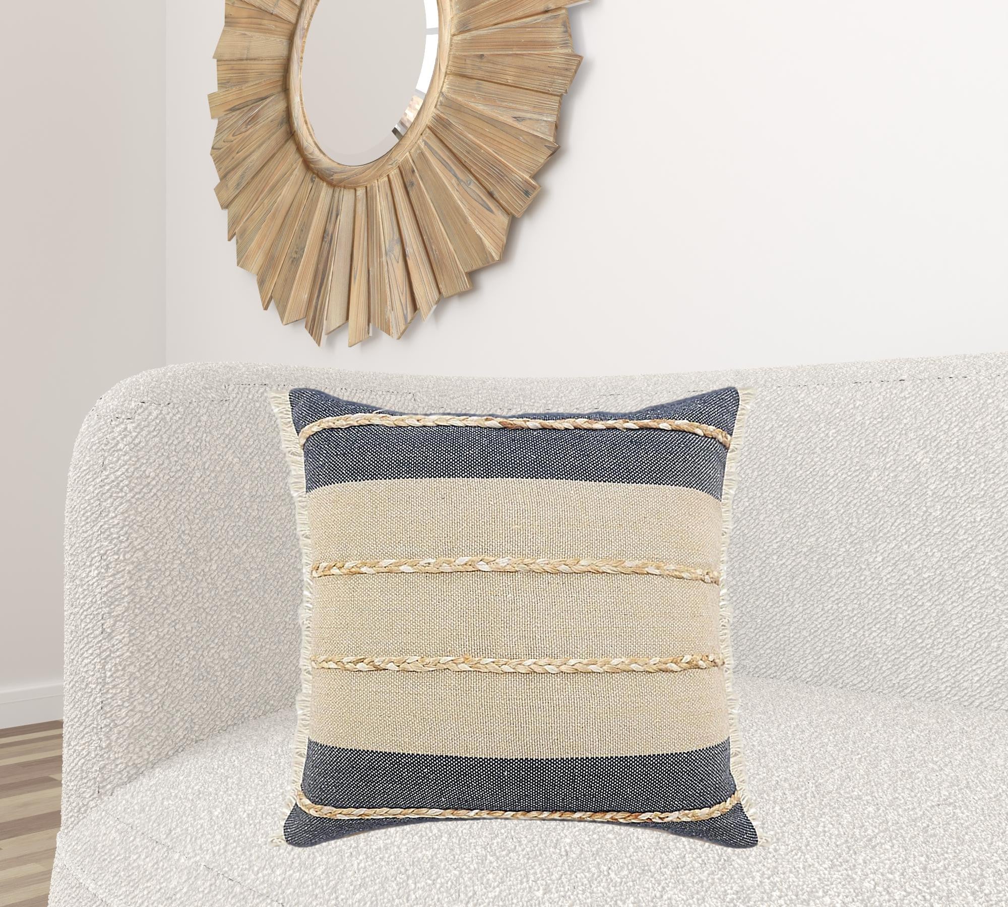 24" X 24" Denim Blue Tan And Taupe Jute Coastal Zippered Pillow