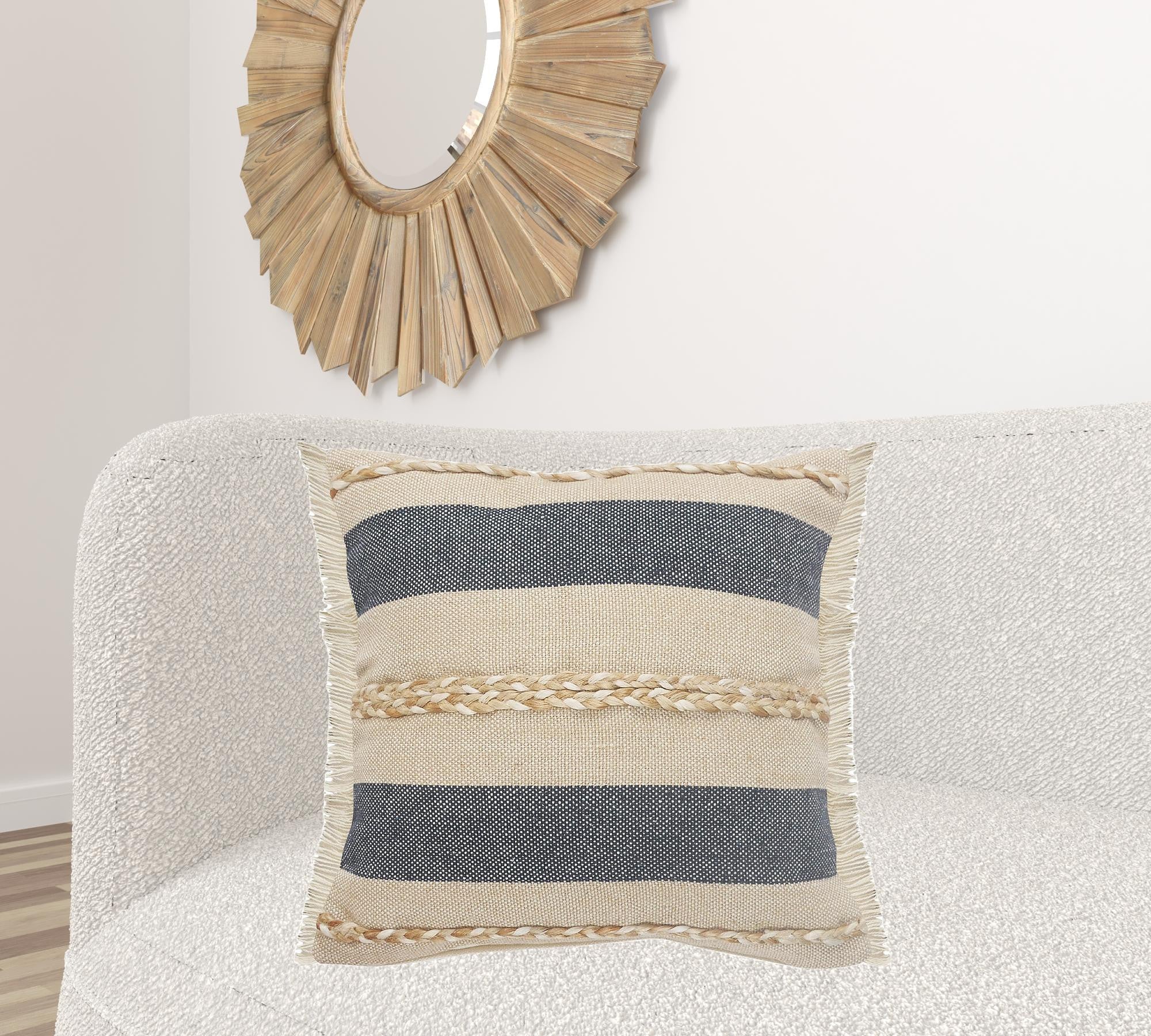 24" X 24" Denim Blue Tan And Taupe Jute Coastal Zippered Pillow