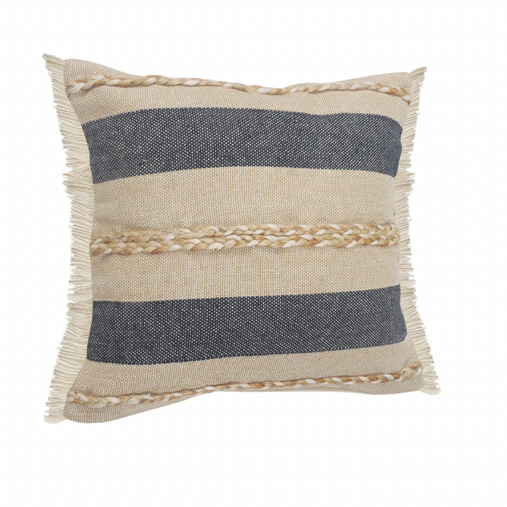 24" X 24" Denim Blue Tan And Taupe Jute Coastal Zippered Pillow