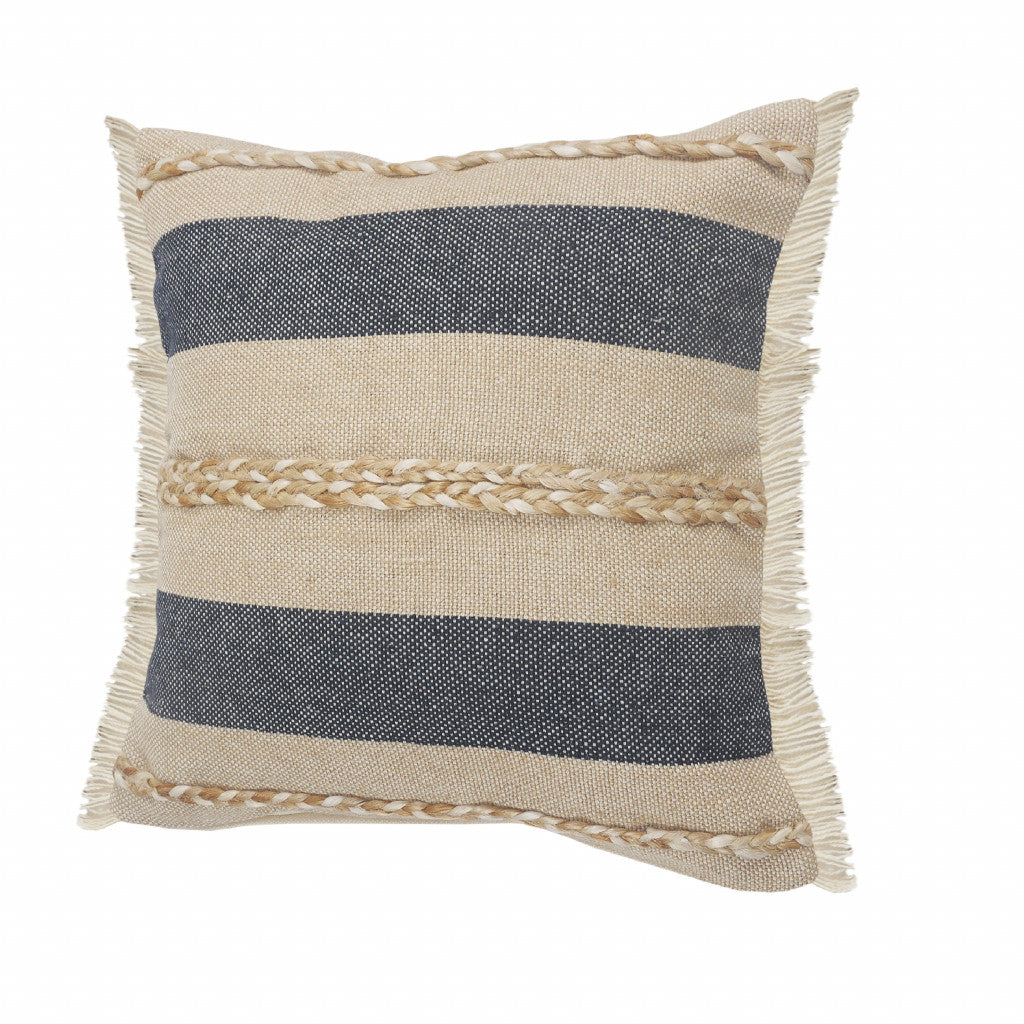 24" X 24" Denim Blue Tan And Taupe Jute Coastal Zippered Pillow