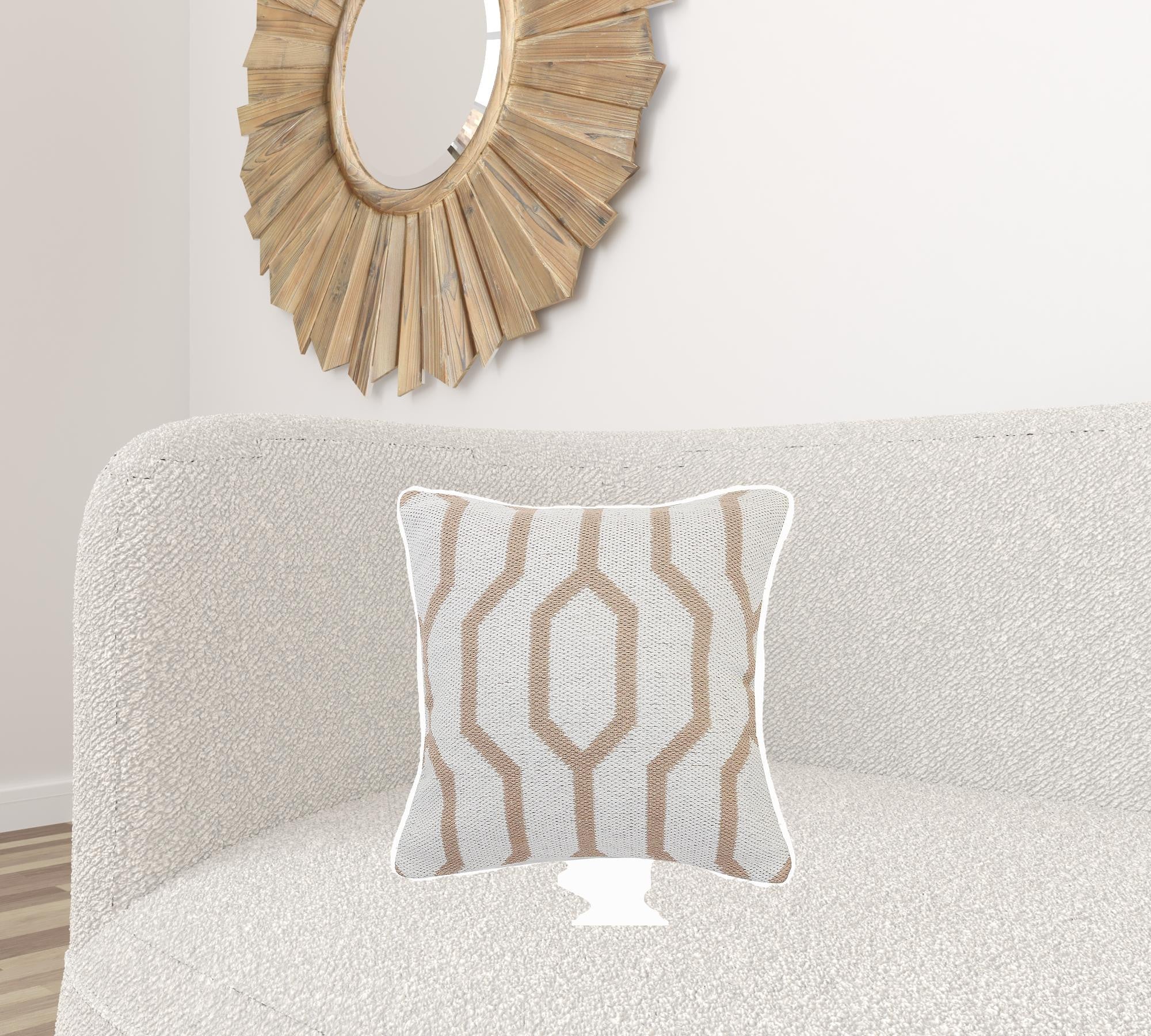 20" X 20" White And Tan 100% Cotton Geometric Zippered Pillow