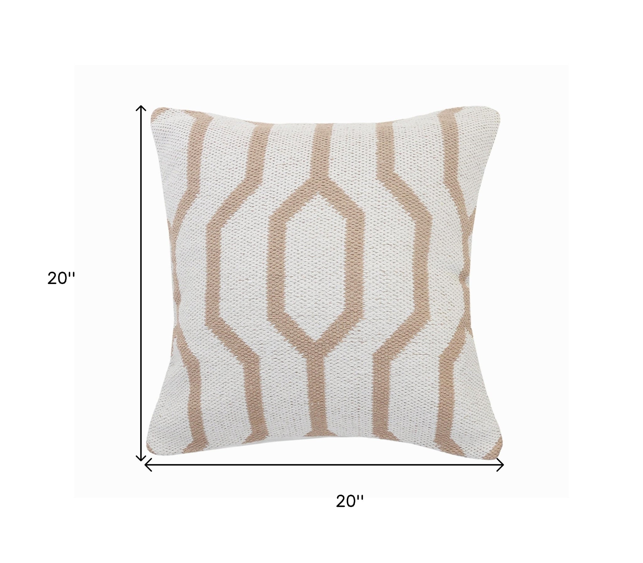 20" X 20" White And Tan 100% Cotton Geometric Zippered Pillow