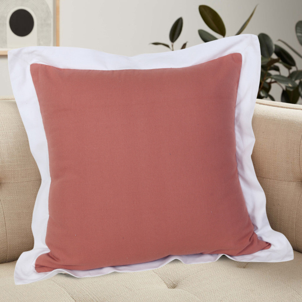 20" X 20" Deep Coral And White 100% Cotton Geometric Zippered Pillow