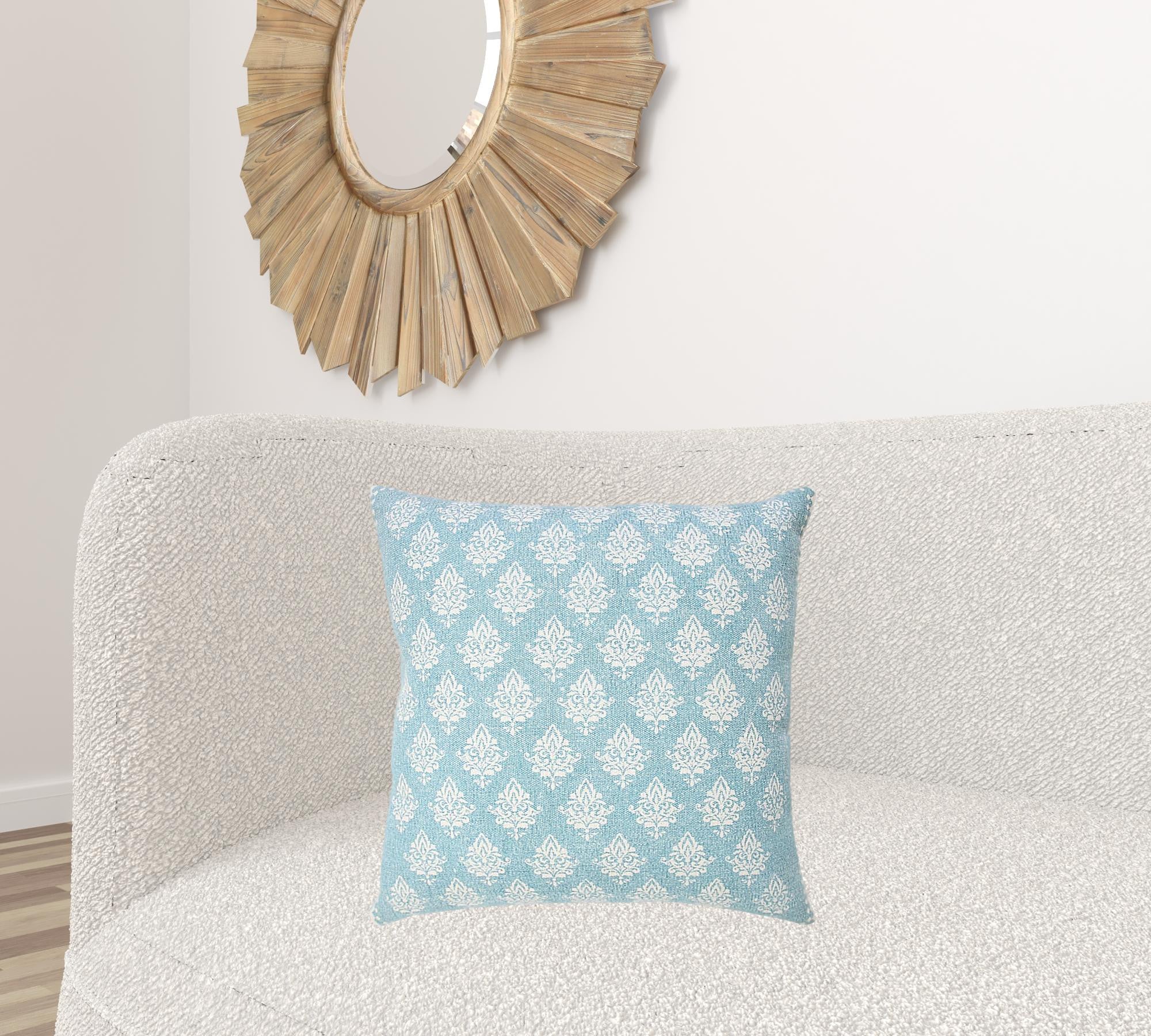 20" X 20" Light Blue And White 100% Cotton Geometric Zippered Pillow