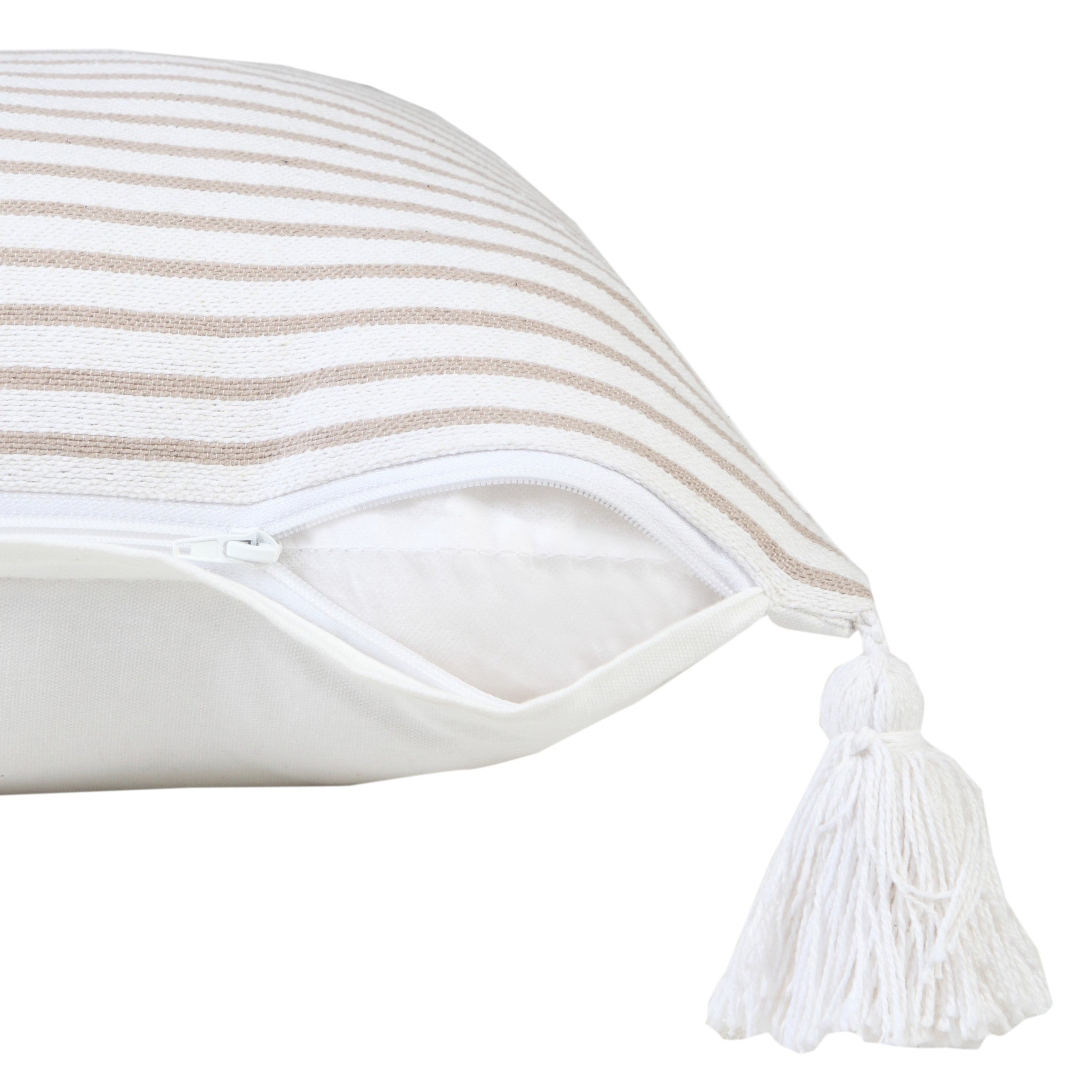 20" X 20" Beige And White 100% Cotton Striped Zippered Pillow