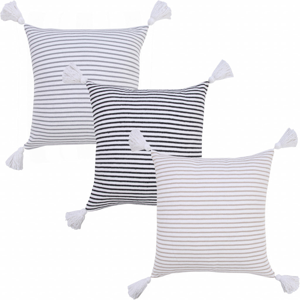 20" X 20" Black And White 100% Cotton Striped Zippered Pillow