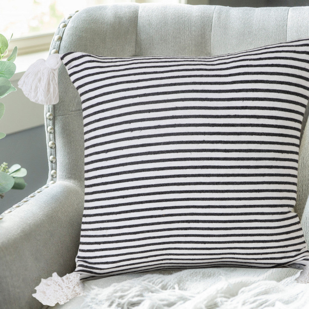 20" X 20" Black And White 100% Cotton Striped Zippered Pillow