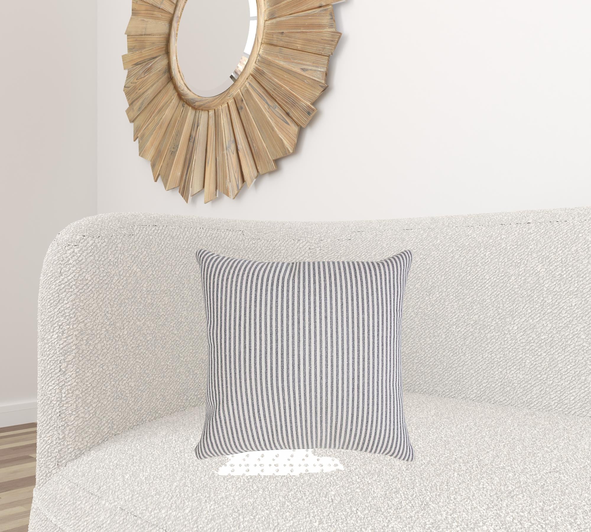 20" X 20" Gray And White 100% Cotton Striped Zippered Pillow