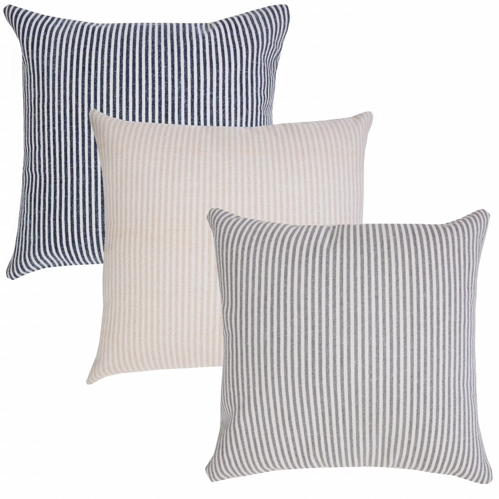 20" X 20" Gray And White 100% Cotton Striped Zippered Pillow