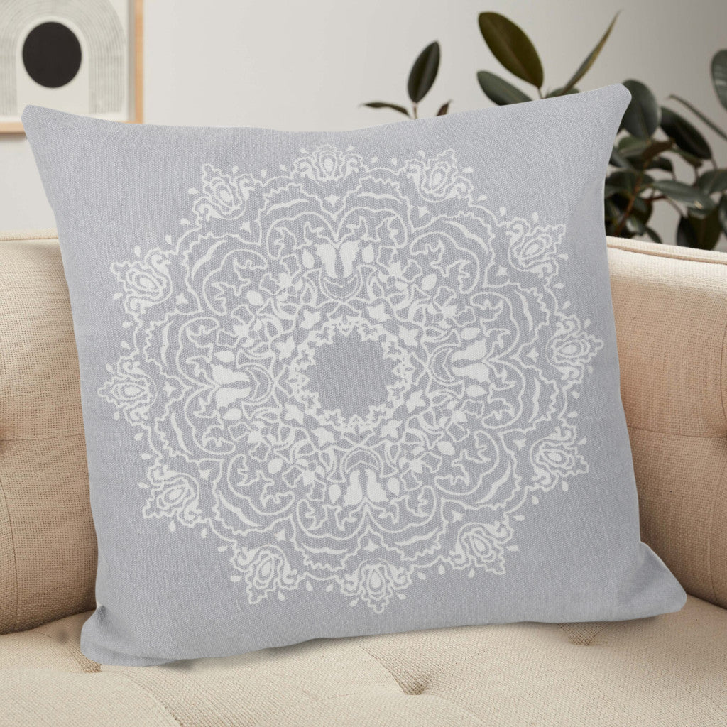 20" X 20" Pale Gray And White 100% Cotton Geometric Zippered Pillow