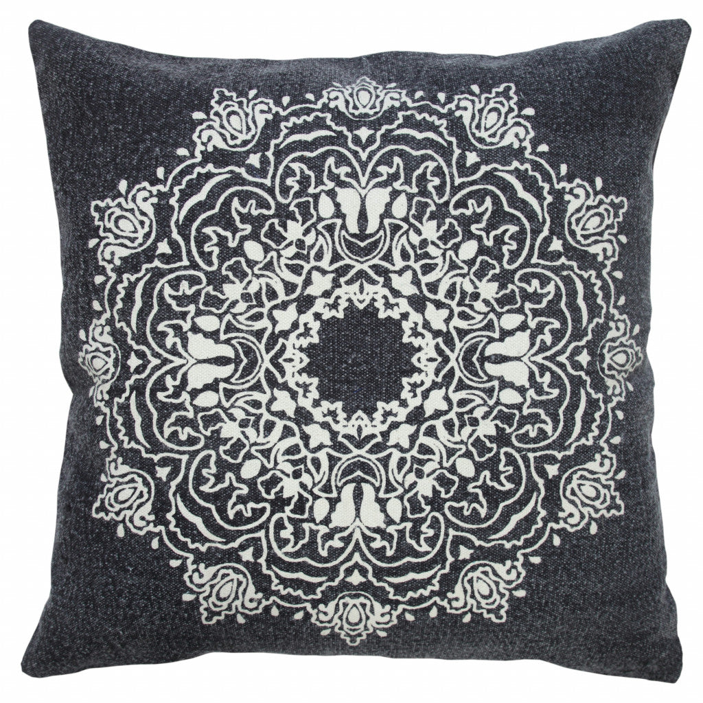 20" X 20" Jet Black And White 100% Cotton Geometric Zippered Pillow