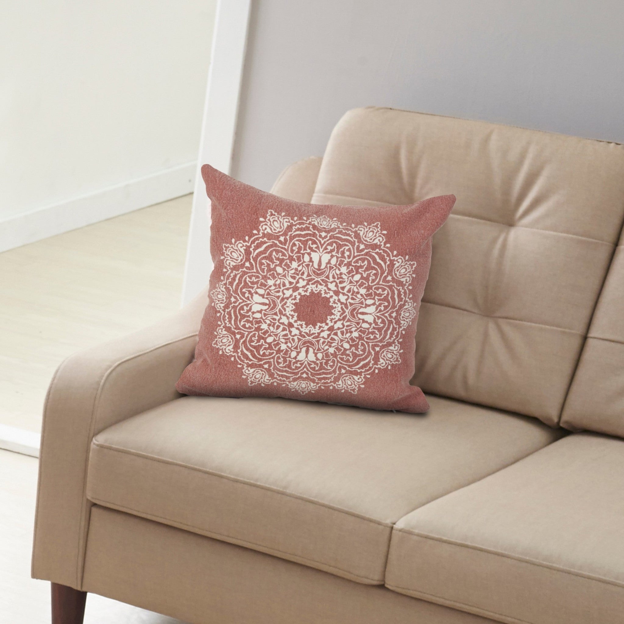 20" X 20" Dusty Rose And White 100% Cotton Geometric Zippered Pillow