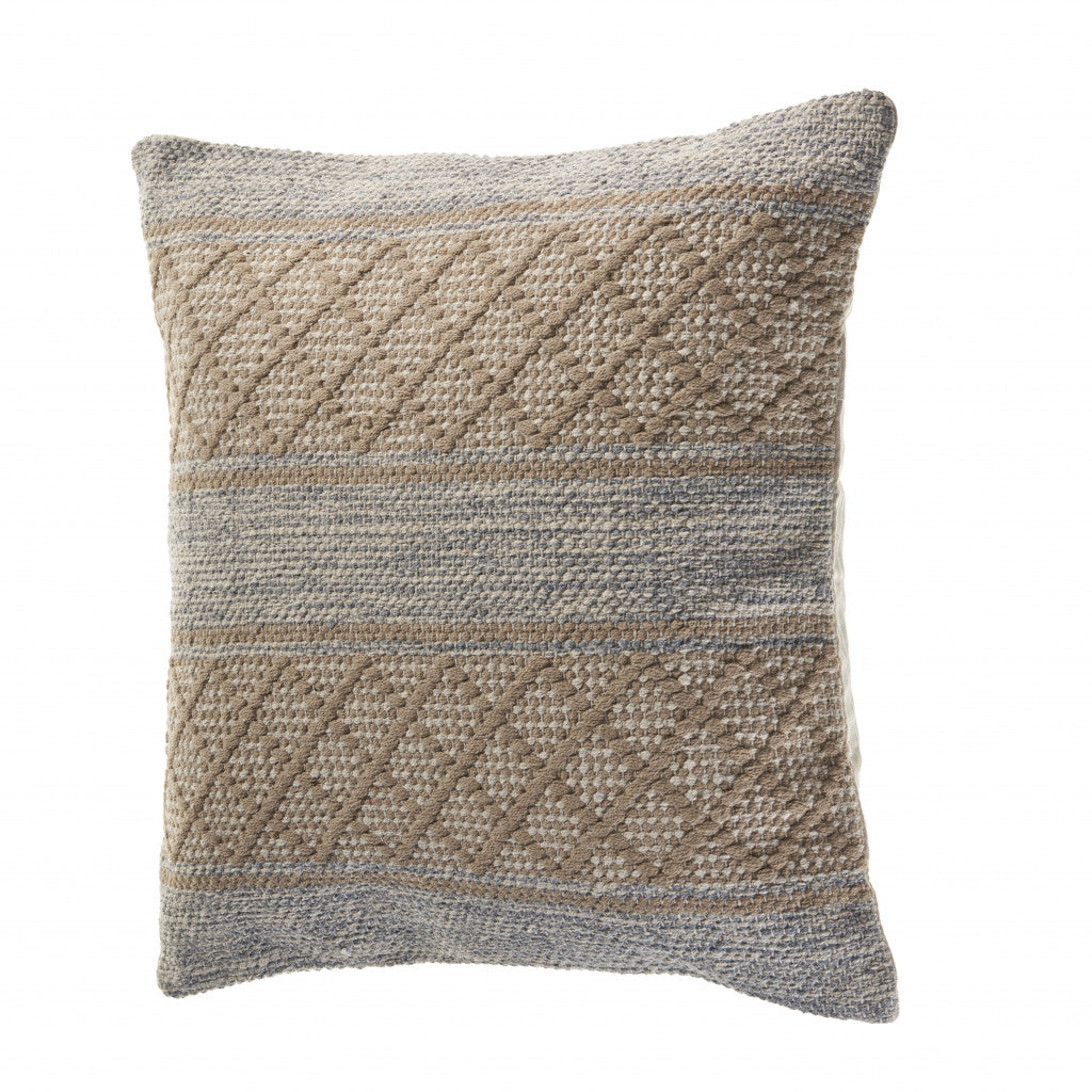 20" X 20" Beige And Grayish Blue 100% Cotton Geometric Zippered Pillow