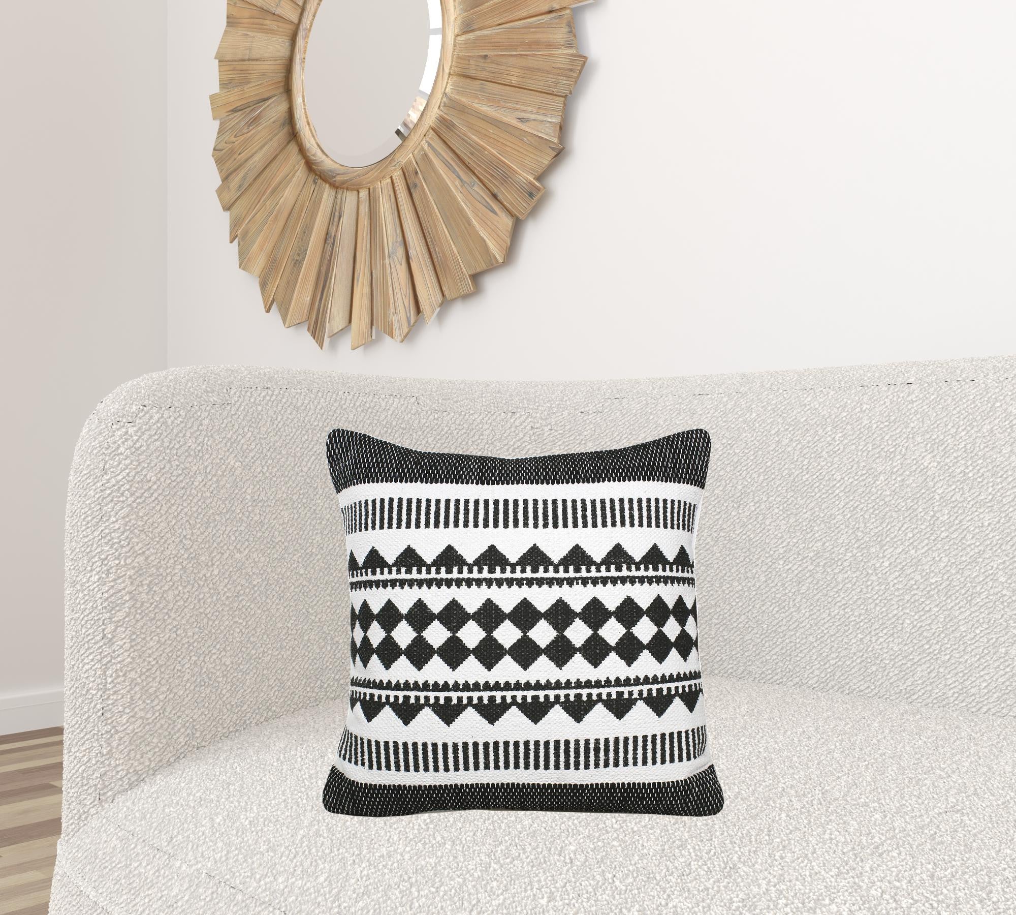 20" X 20" Black And White 100% Cotton Geometric Zippered Pillow