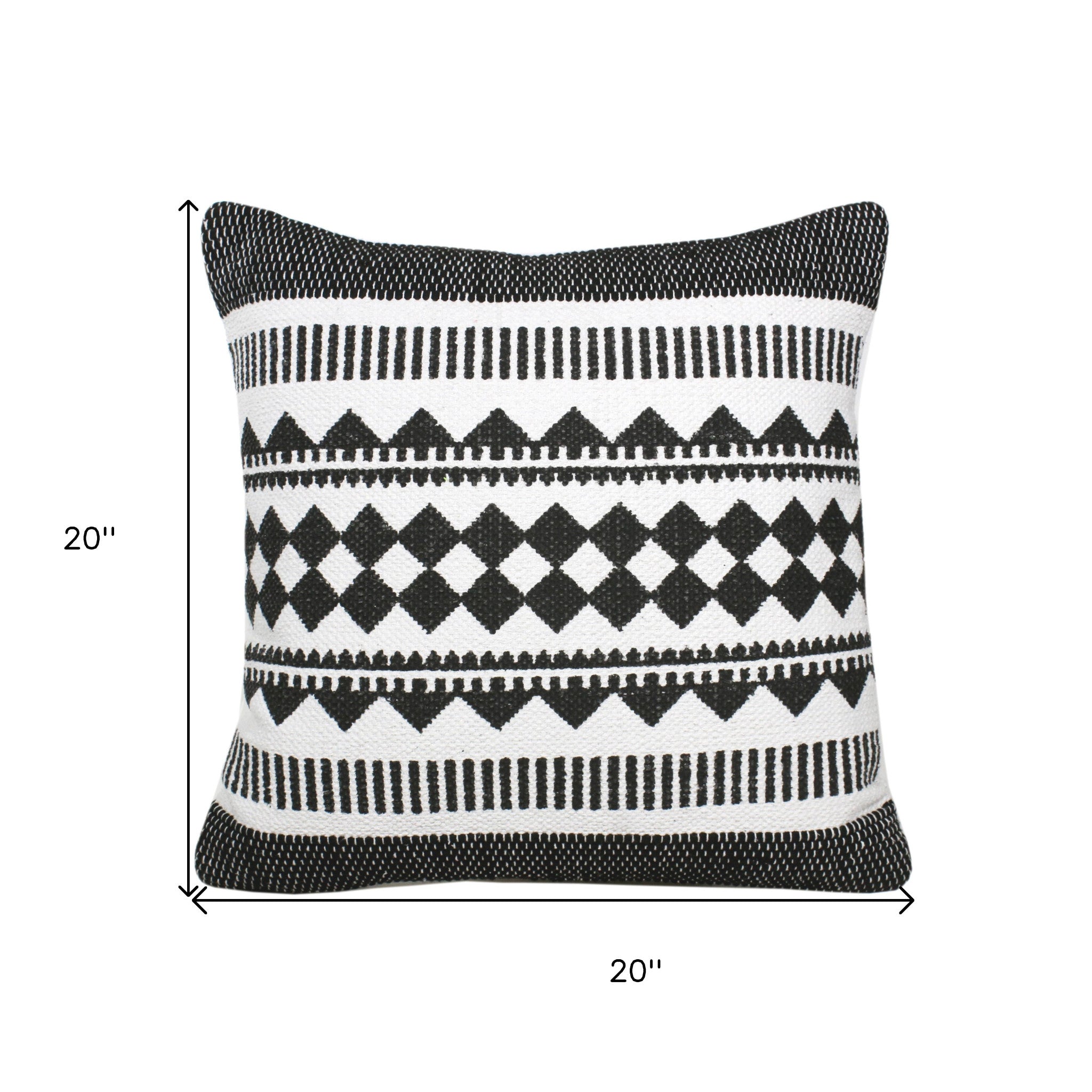 20" X 20" Black And White 100% Cotton Geometric Zippered Pillow