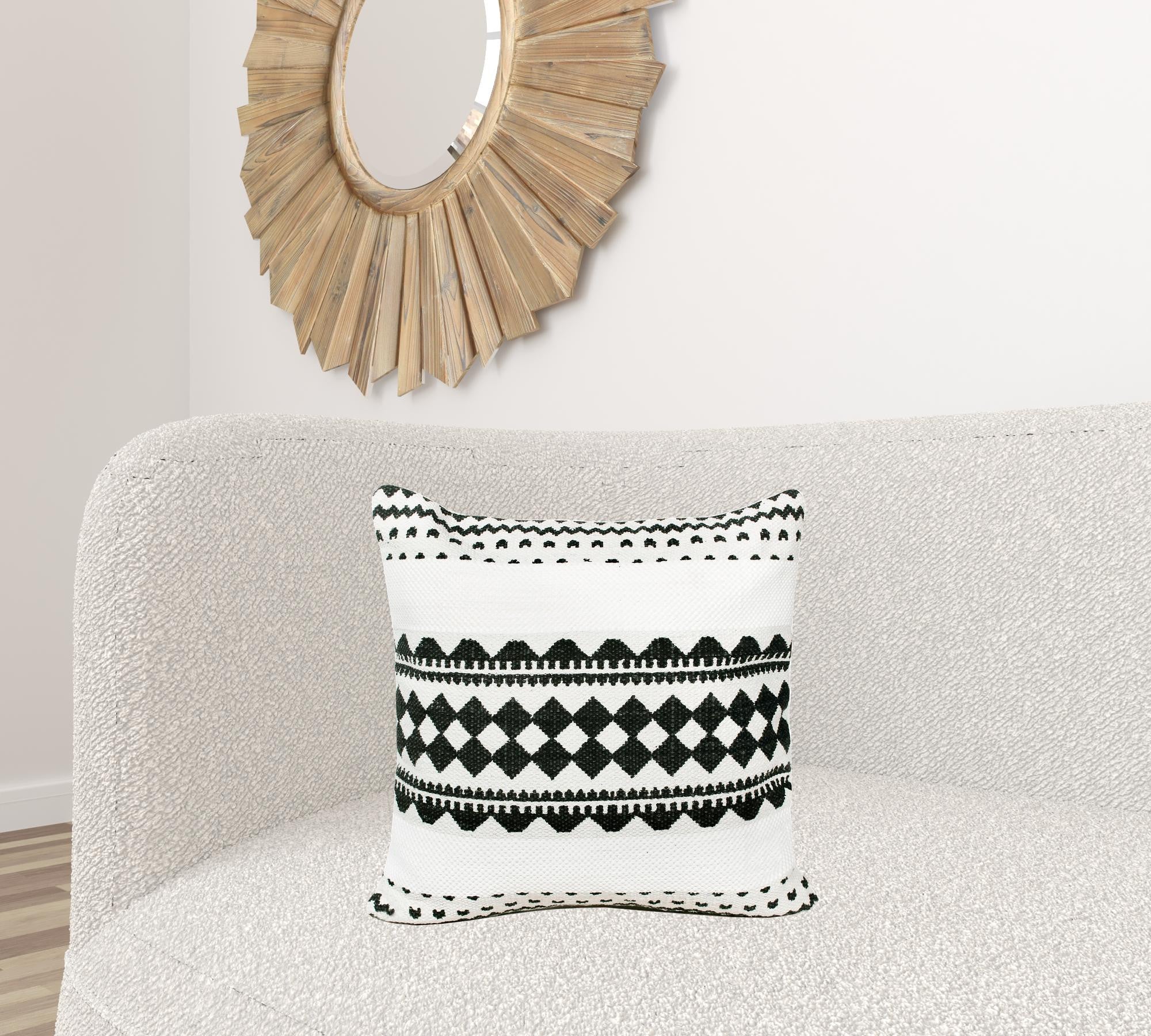 20" X 20" Black And White 100% Cotton Geometric Zippered Pillow