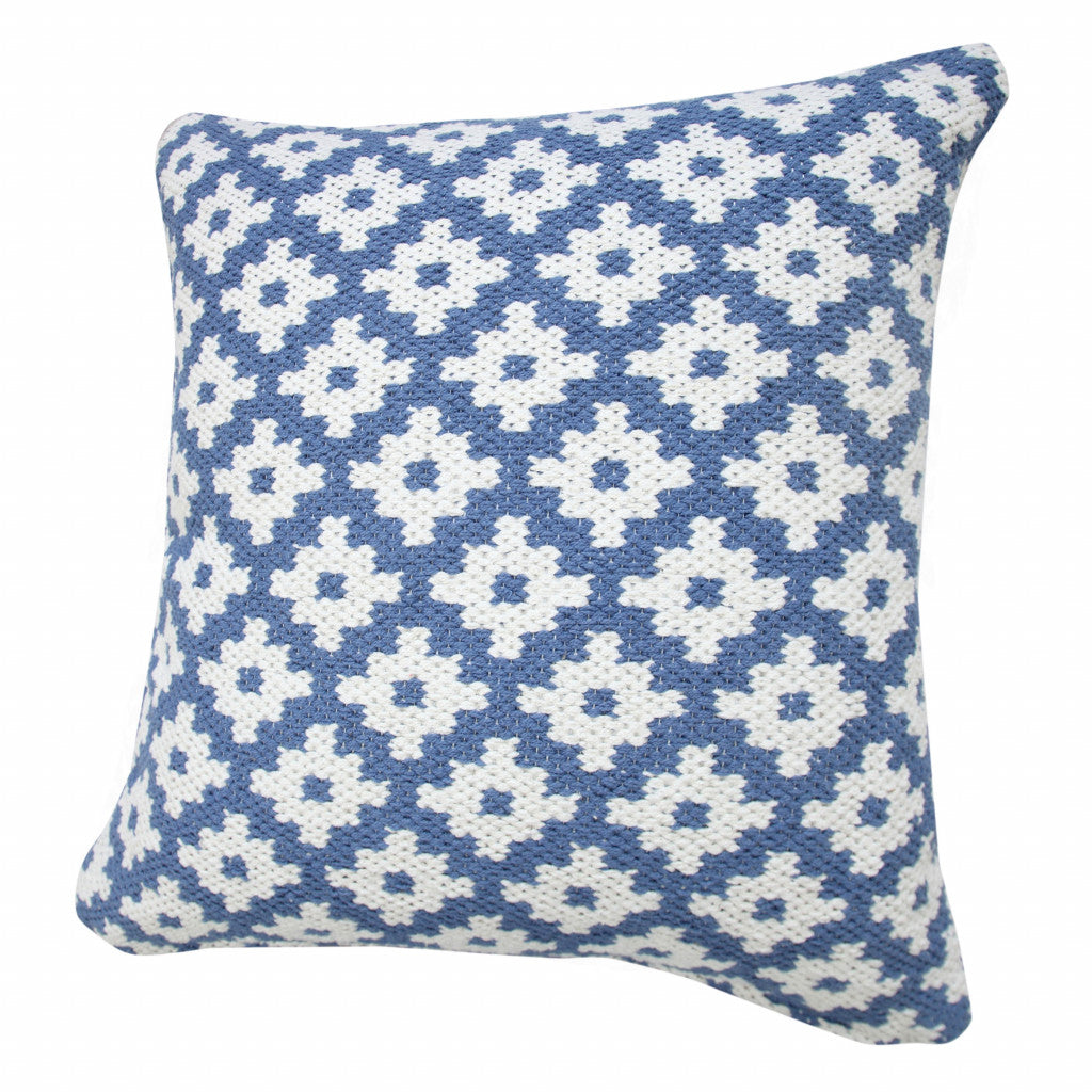 20" X 20" Blue And White 100% Cotton Geometric Zippered Pillow