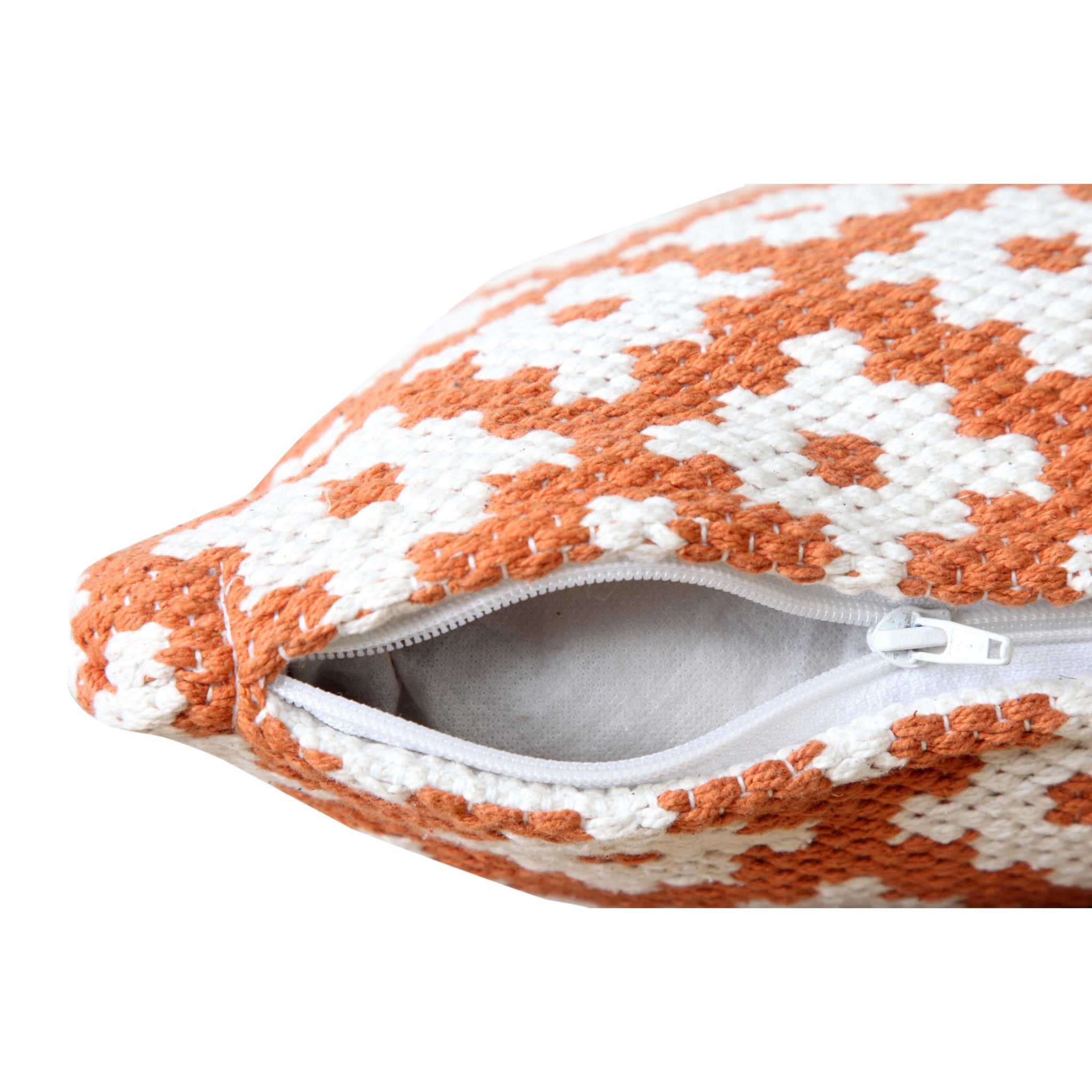 20" X 20" Orange And White 100% Cotton Geometric Zippered Pillow