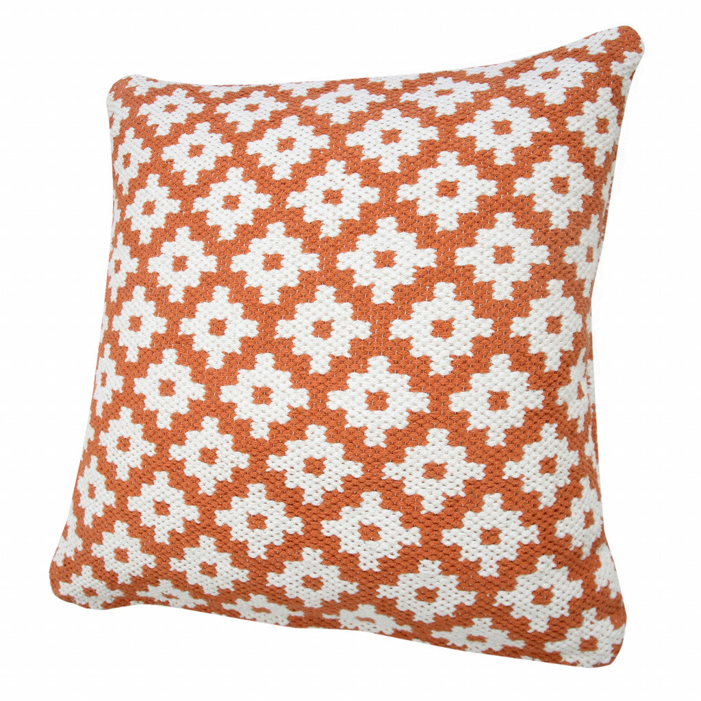 20" X 20" Orange And White 100% Cotton Geometric Zippered Pillow