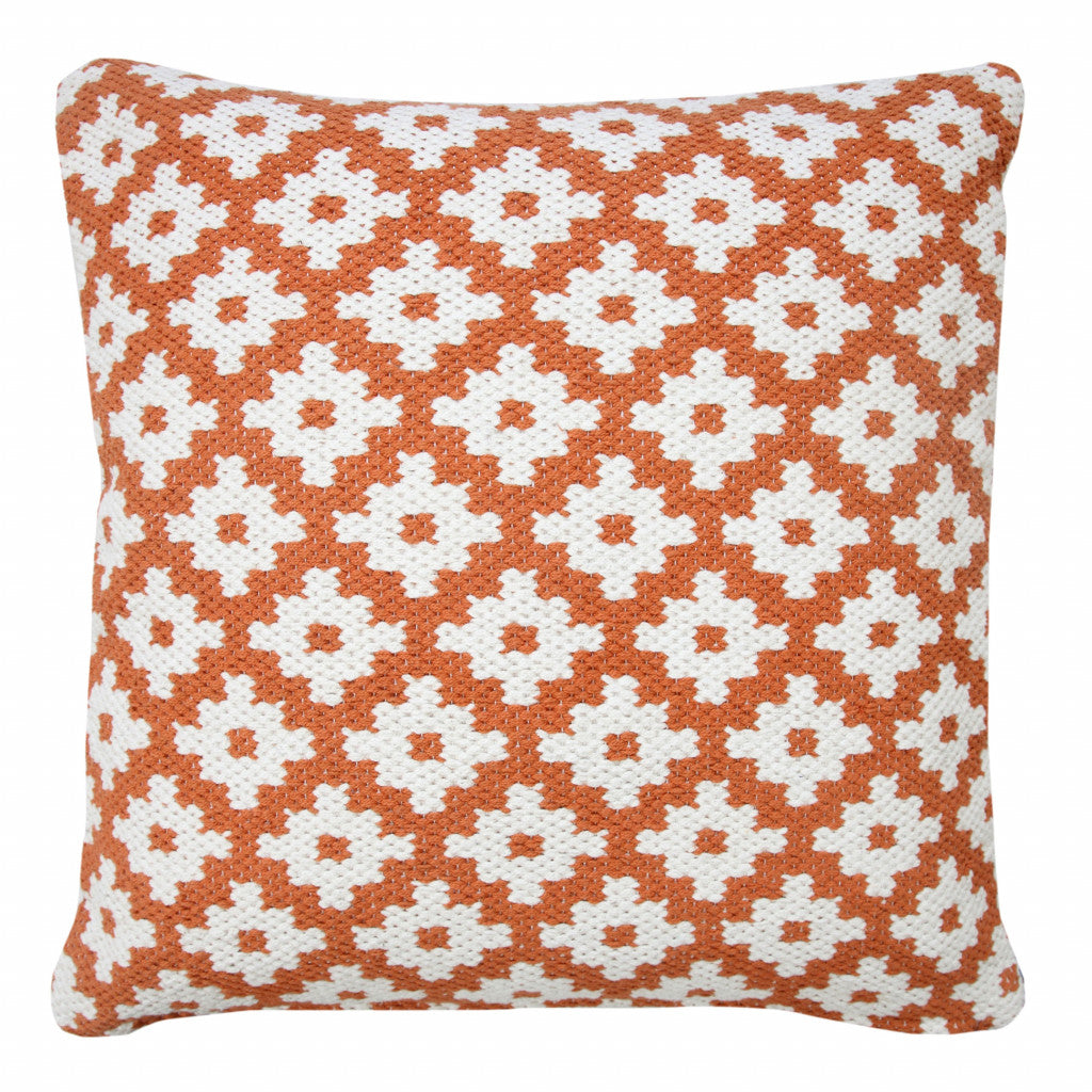 20" X 20" Orange And White 100% Cotton Geometric Zippered Pillow