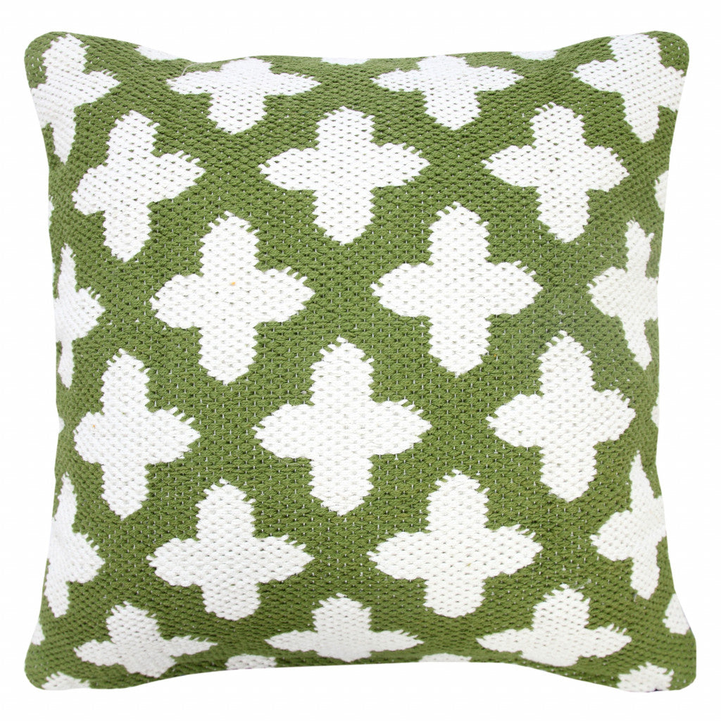 20" X 20" Green And White 100% Cotton Geometric Zippered Pillow