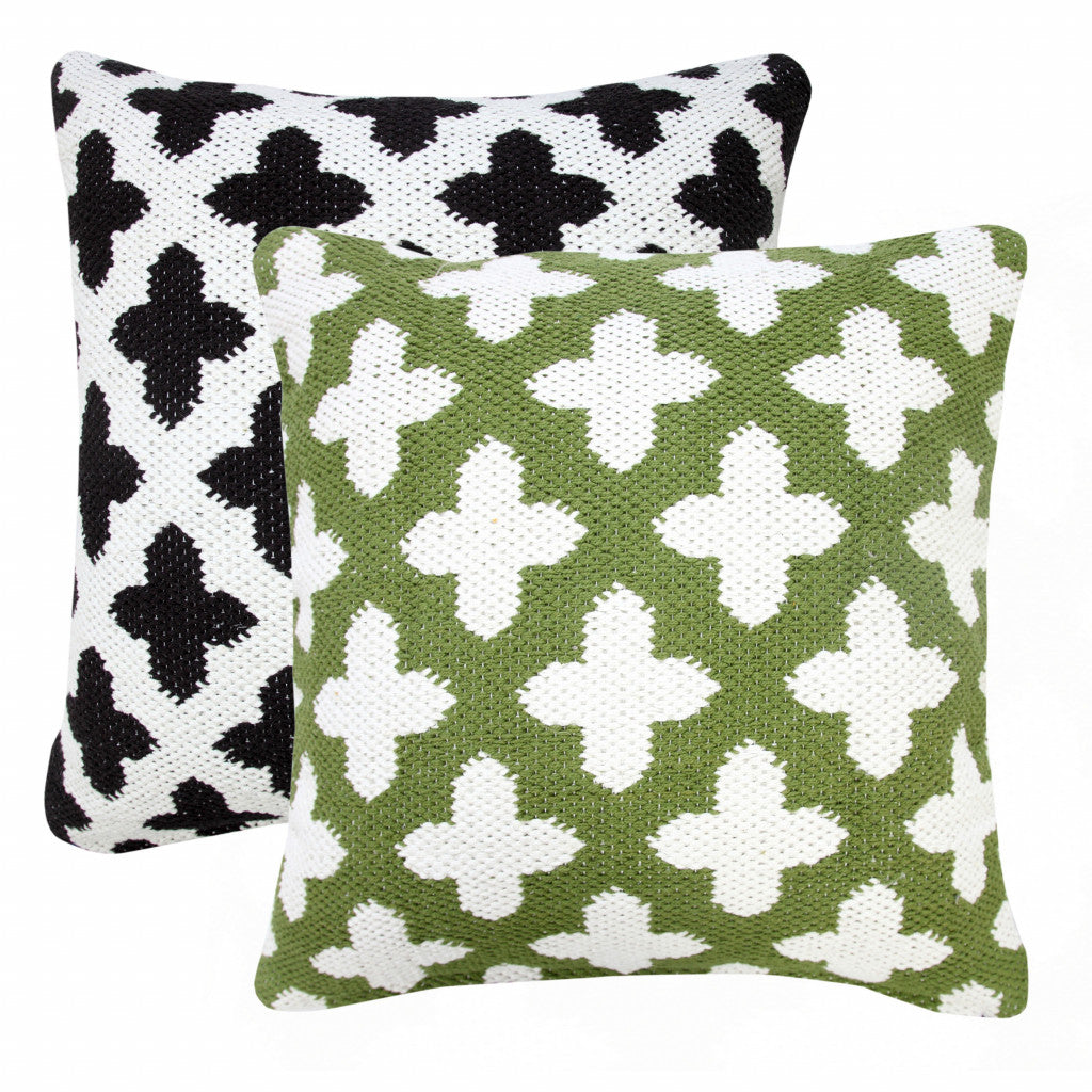 20" X 20" Green And White 100% Cotton Geometric Zippered Pillow