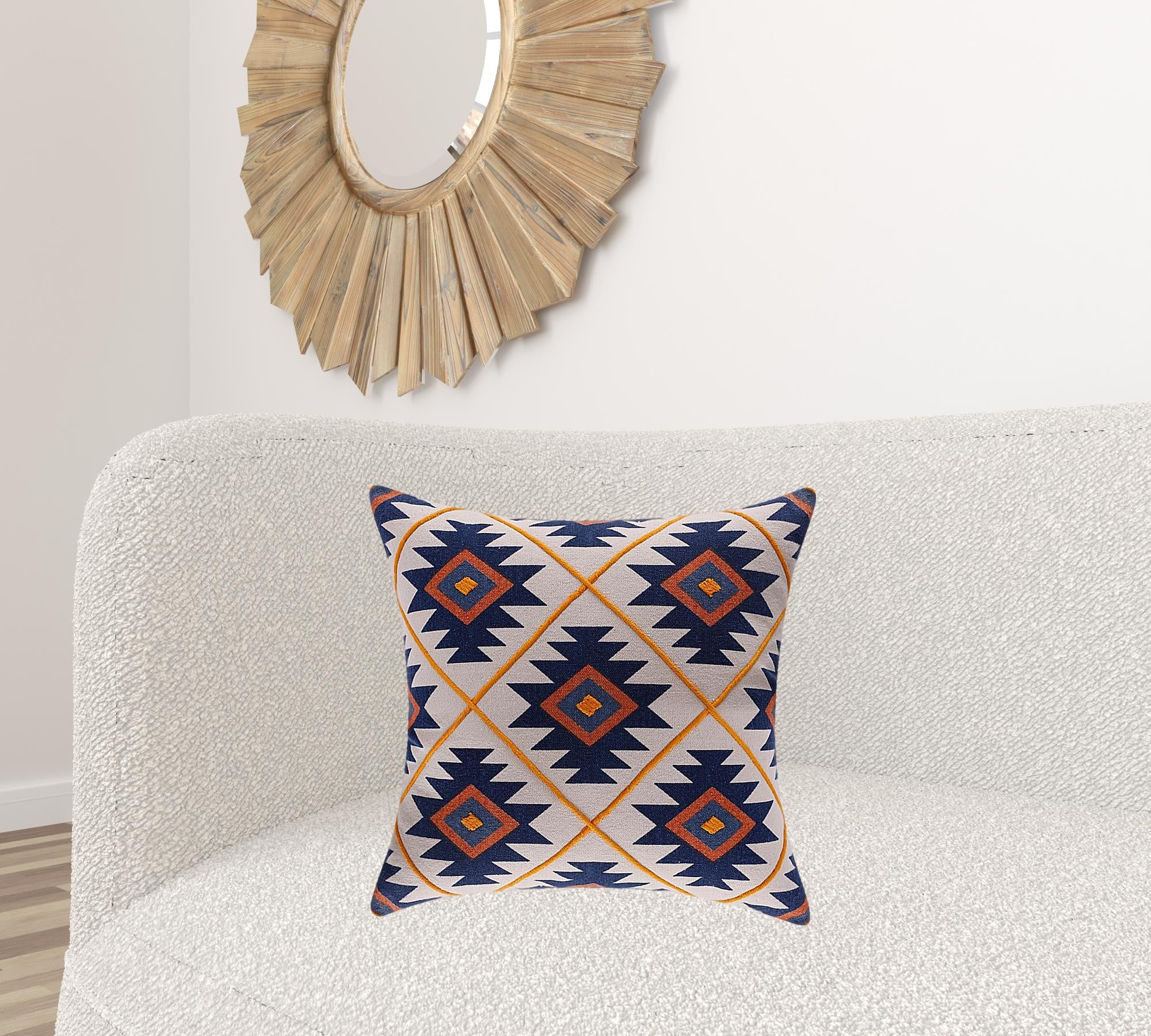 20" X 20" Blue 100% Cotton Geometric Zippered Pillow