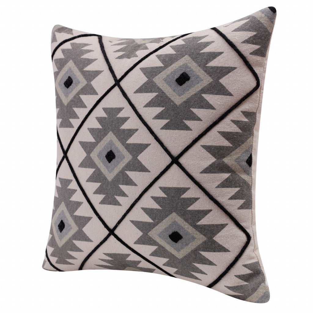 20" X 20" Gray And Black 100% Cotton Geometric Zippered Pillow