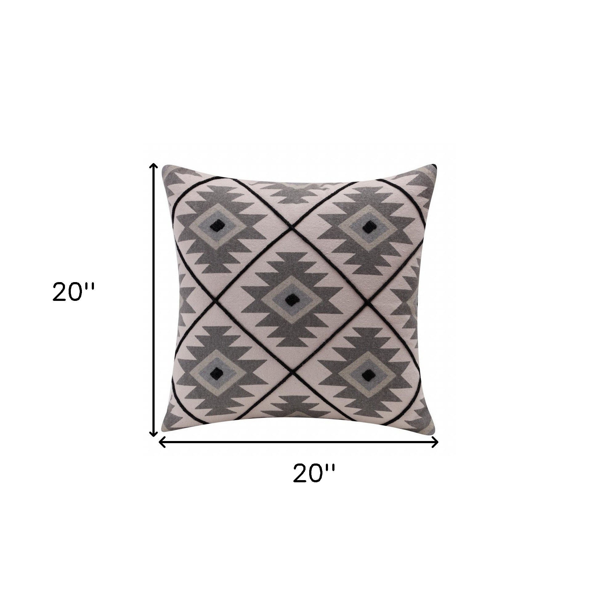 20" X 20" Gray And Black 100% Cotton Geometric Zippered Pillow