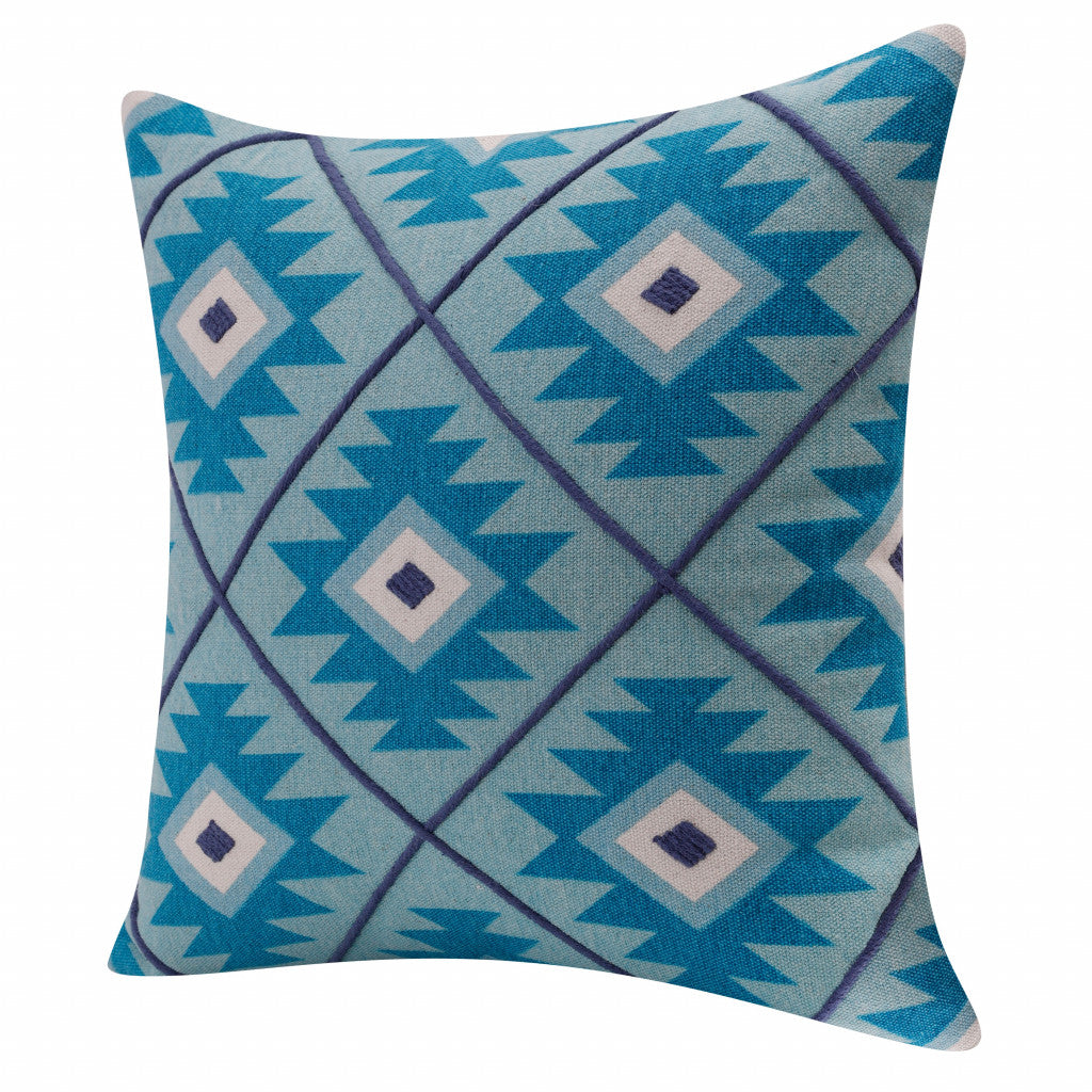 20" X 20" Blue And White 100% Cotton Geometric Zippered Pillow