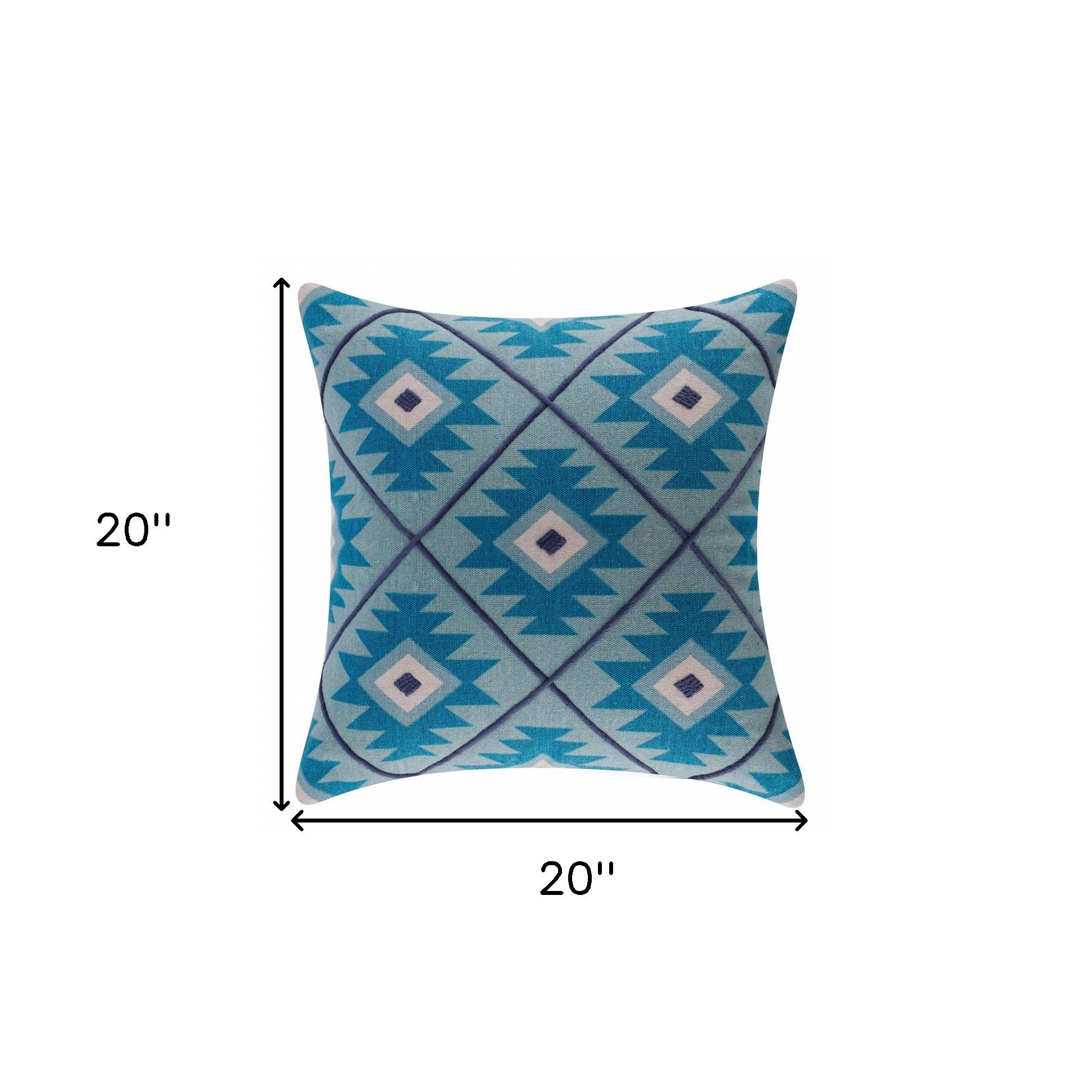 20" X 20" Blue And White 100% Cotton Geometric Zippered Pillow