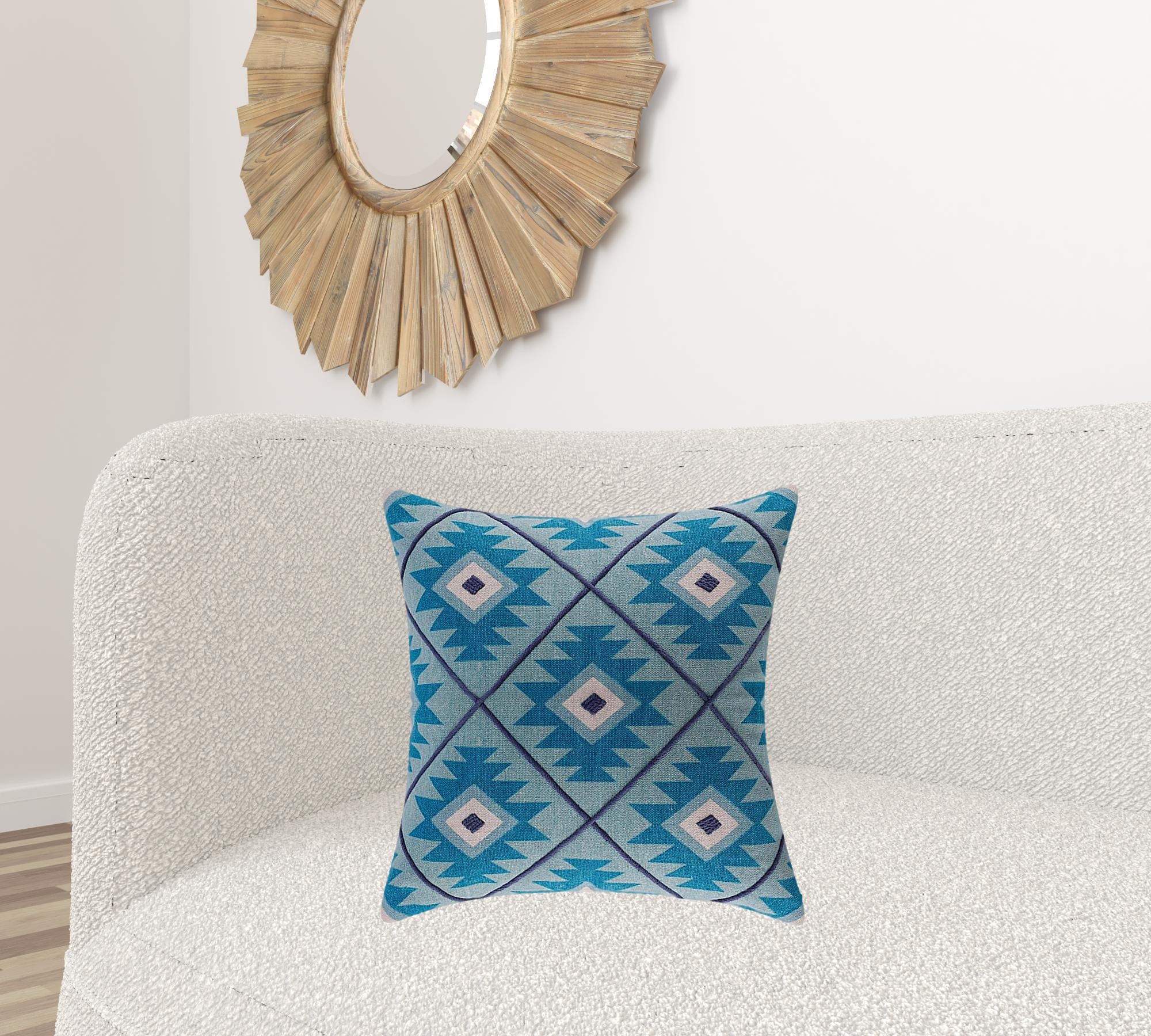 20" X 20" Blue And White 100% Cotton Geometric Zippered Pillow