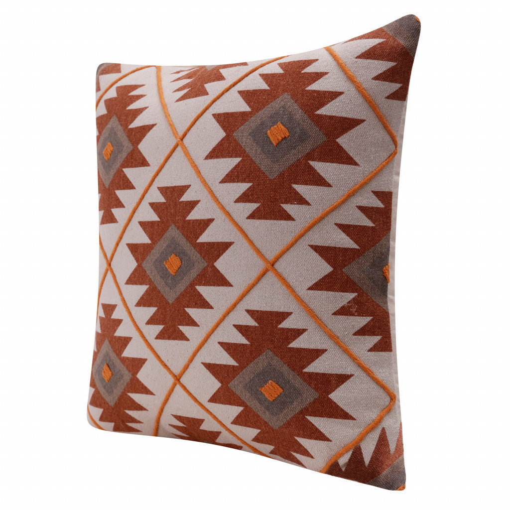 20" X 20" Rust And Off-White 100% Cotton Geometric Zippered Pillow