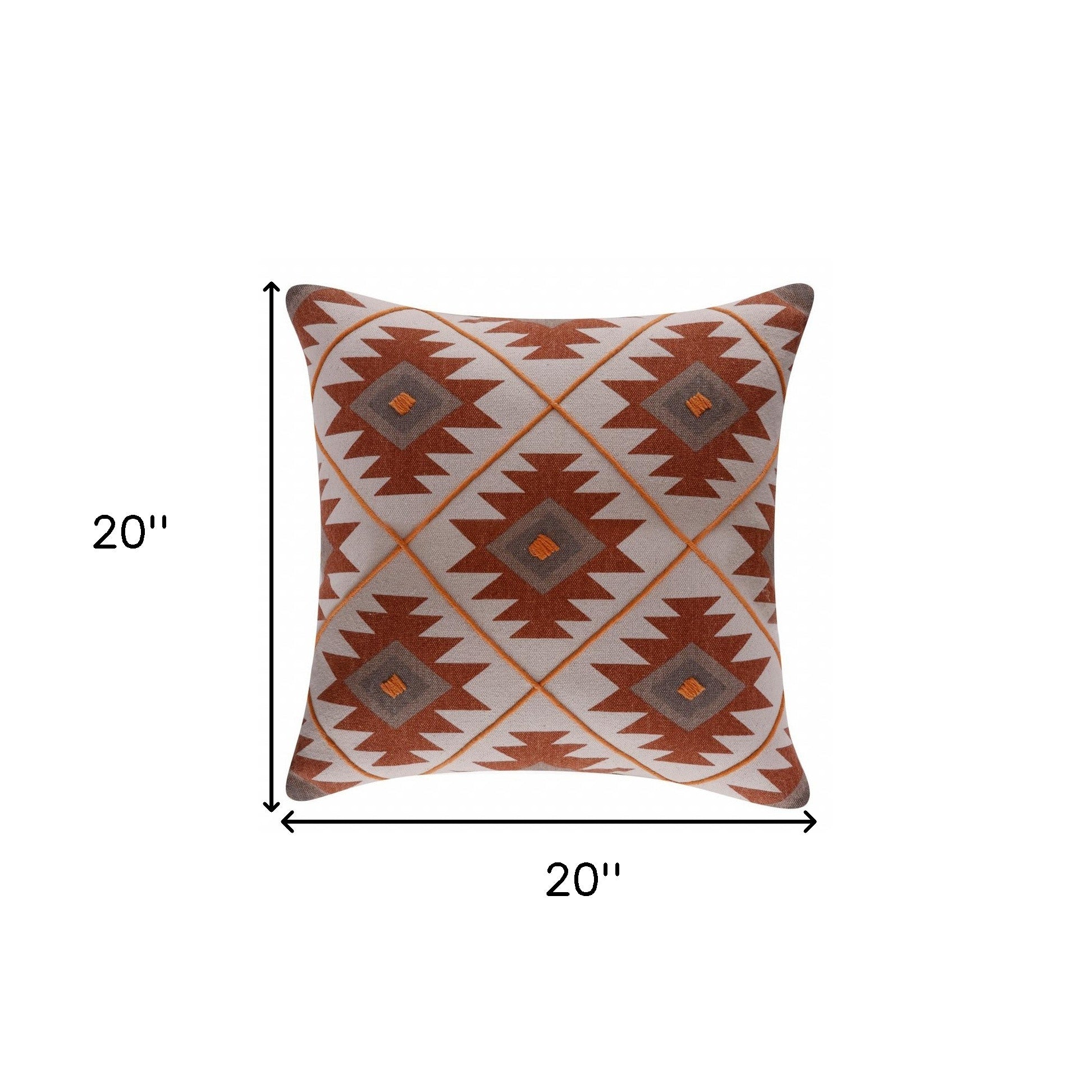 20" X 20" Rust And Off-White 100% Cotton Geometric Zippered Pillow