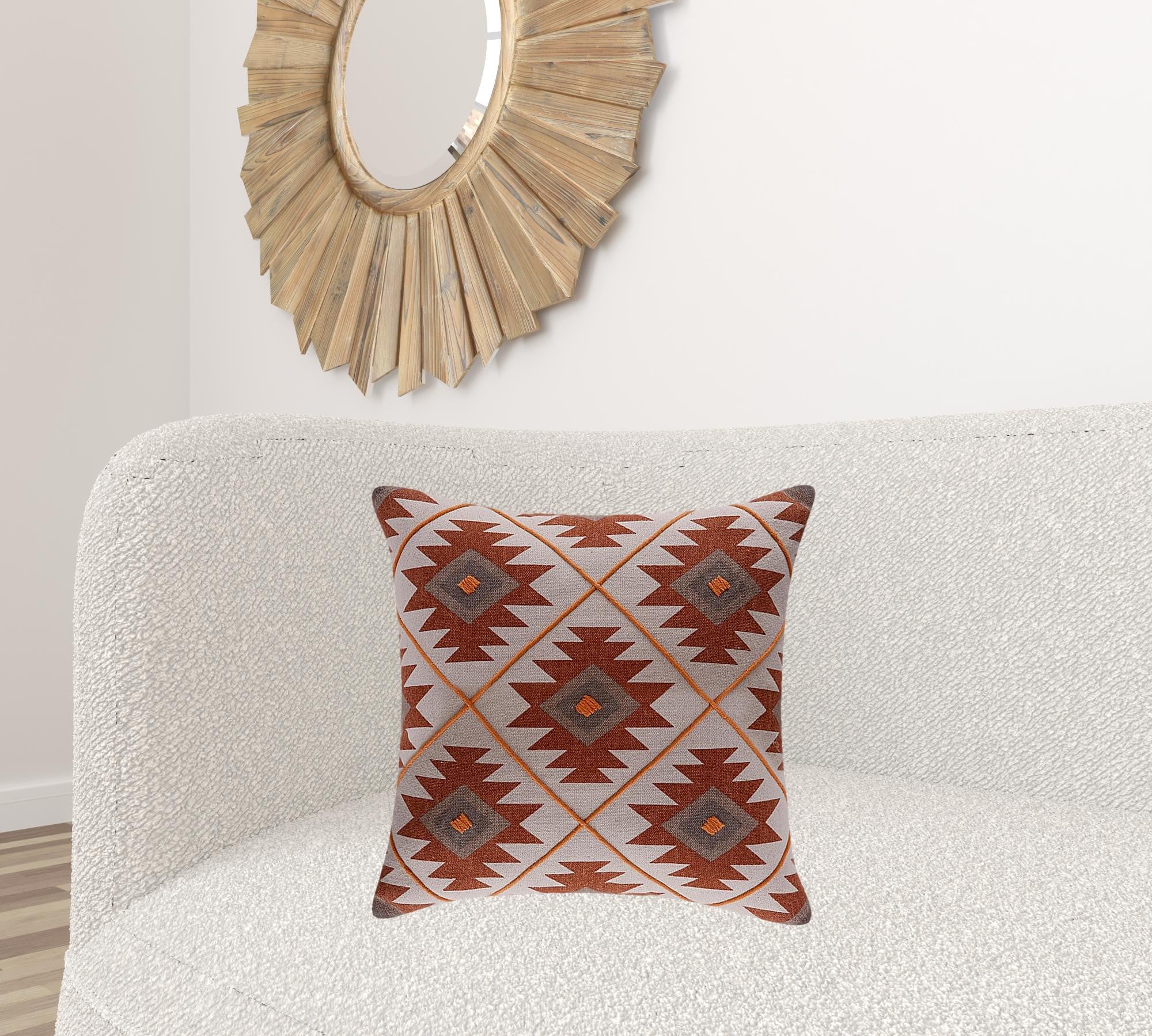 20" X 20" Rust And Off-White 100% Cotton Geometric Zippered Pillow