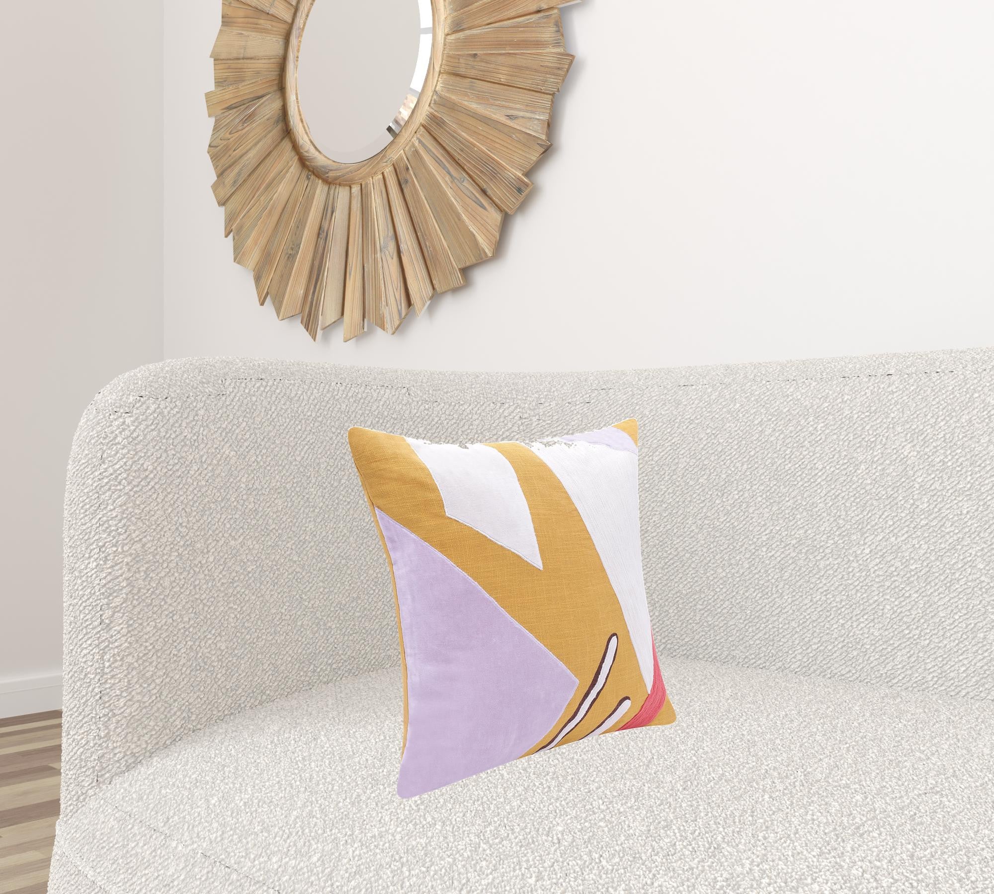 20" X 20" Yellow Purple Off-White And Coral 100% Cotton Abstract Zippered Pillow