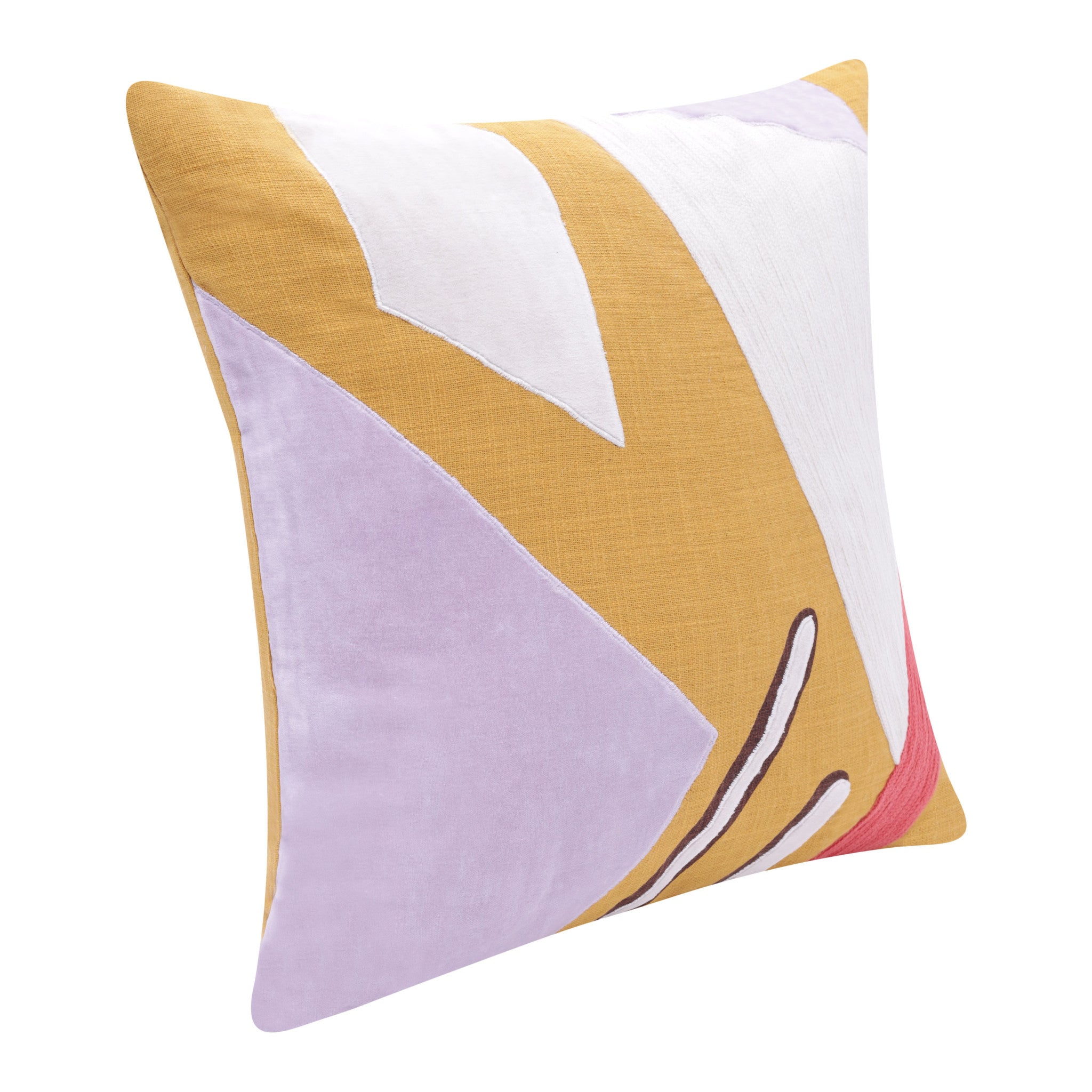 20" X 20" Yellow Purple Off-White And Coral 100% Cotton Abstract Zippered Pillow