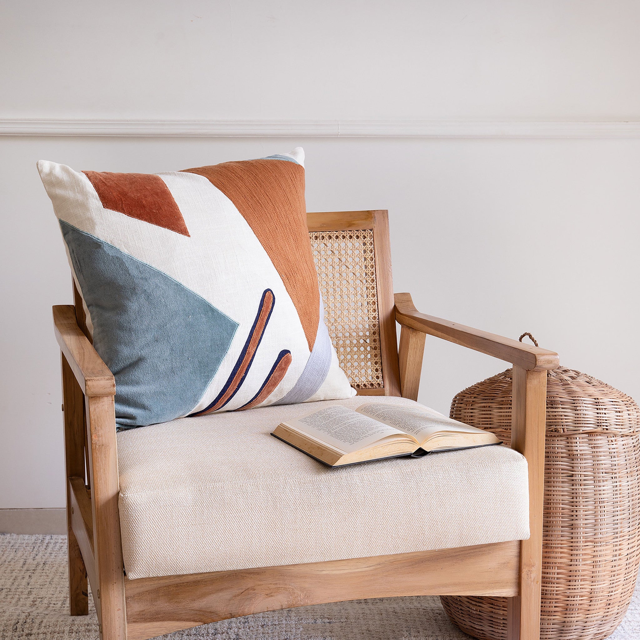 20" X 20" Brown Blue And Off-White 100% Cotton Abstract Zippered Pillow