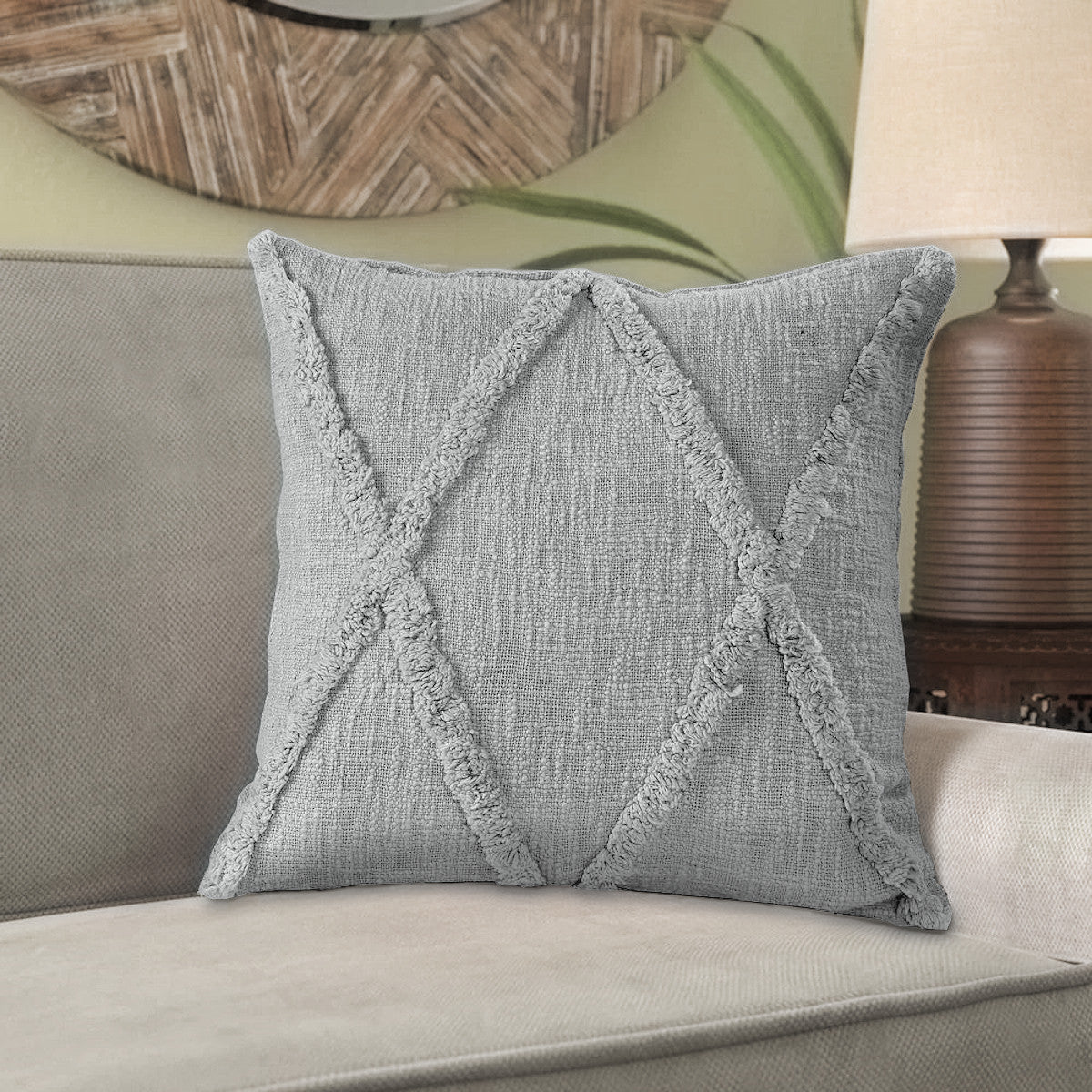 18" X 18" Light Gray 100% Cotton Geometric Zippered Pillow