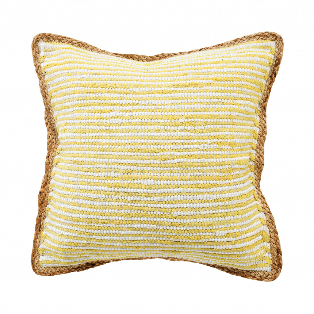 20" X 20" Golden Yellow, White And Tan 100% Cotton Striped Zippered Pillow