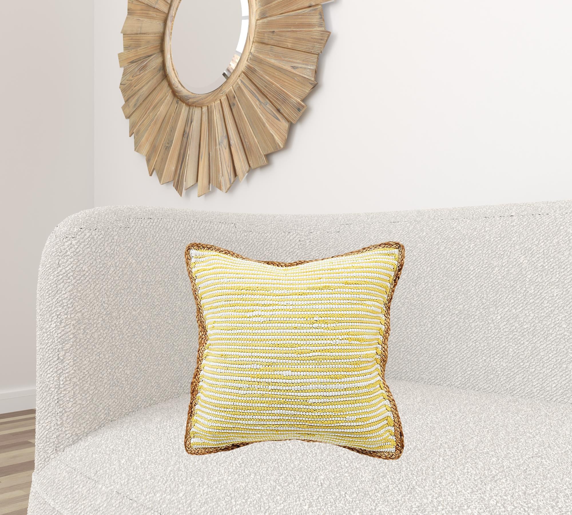 20" X 20" Golden Yellow, White And Tan 100% Cotton Striped Zippered Pillow