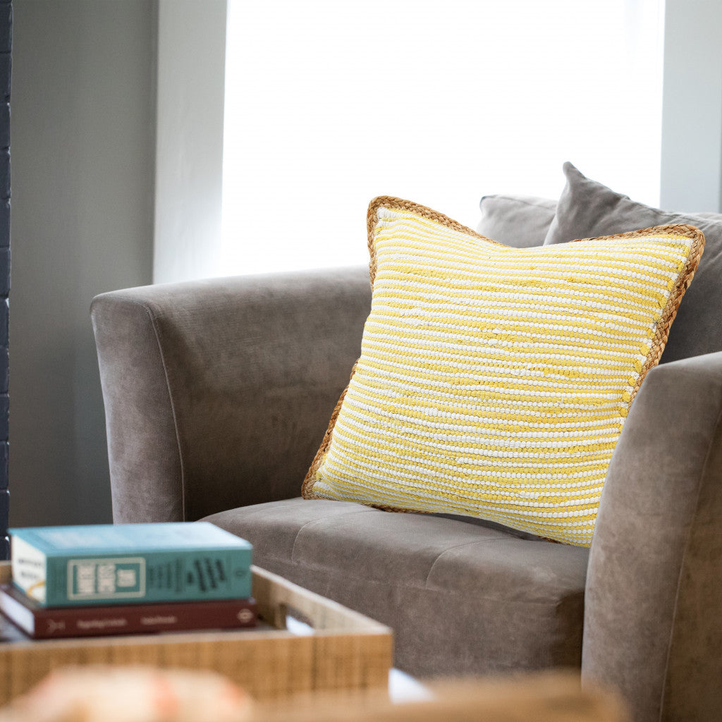 20" X 20" Golden Yellow, White And Tan 100% Cotton Striped Zippered Pillow