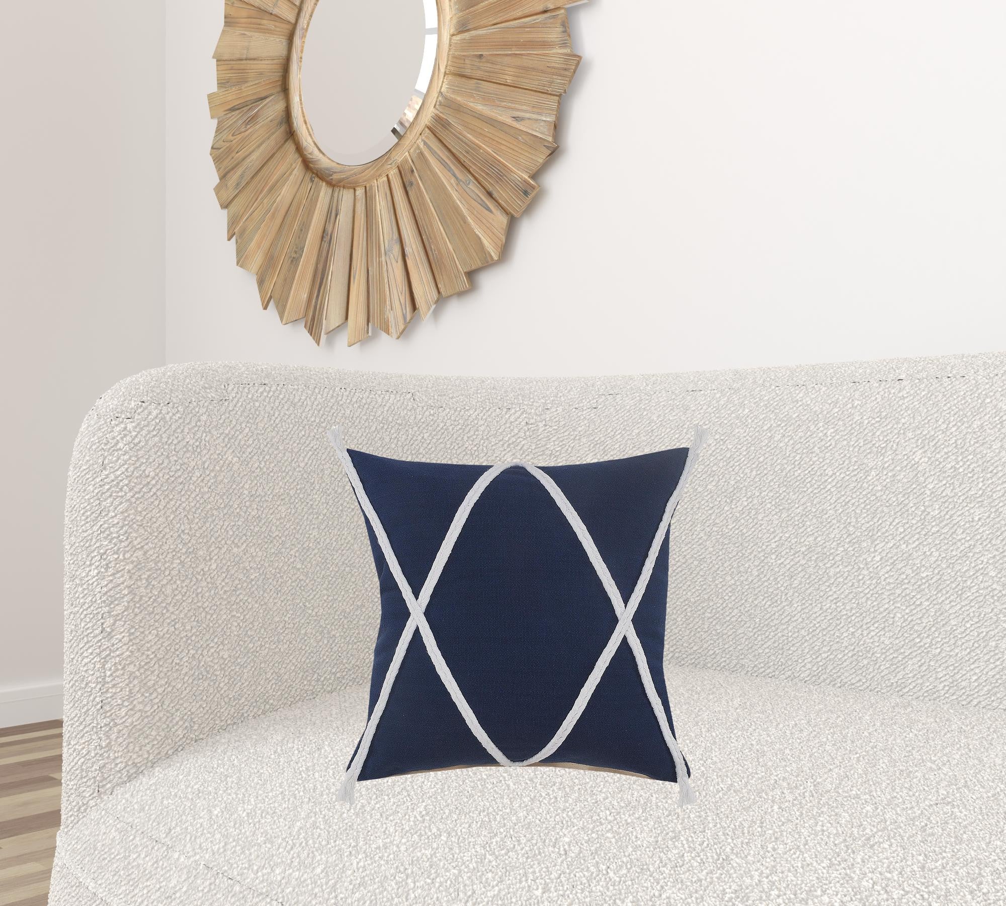 20" X 20" Navy And White 100% Cotton Coastal Zippered Pillow