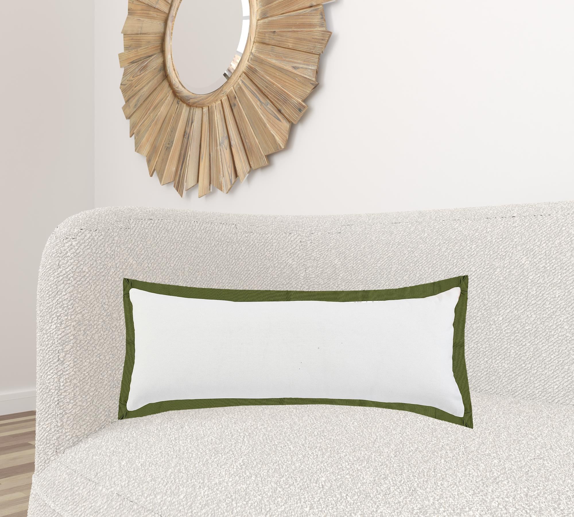 14" X 36" White And Moss Green 100% Cotton Geometric Zippered Pillow