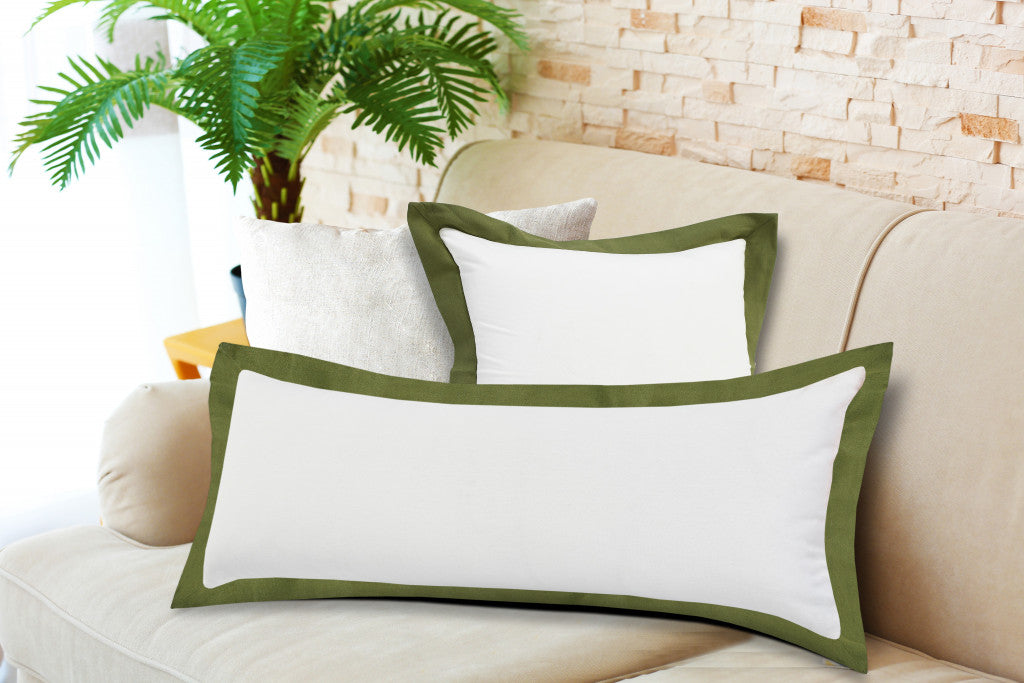 14" X 36" White And Moss Green 100% Cotton Geometric Zippered Pillow