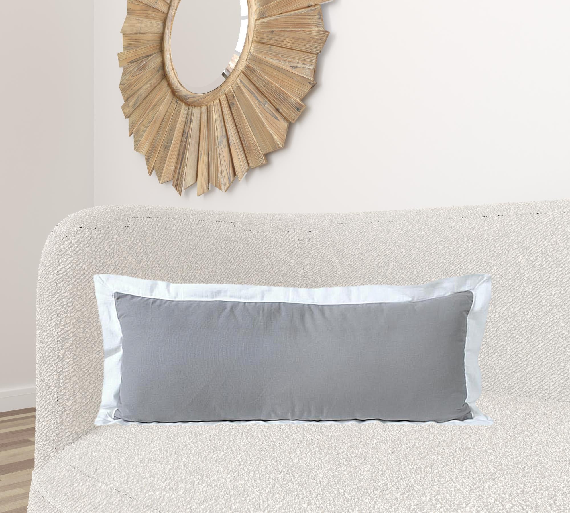 14" X 36" Gray And White 100% Cotton Geometric Zippered Pillow